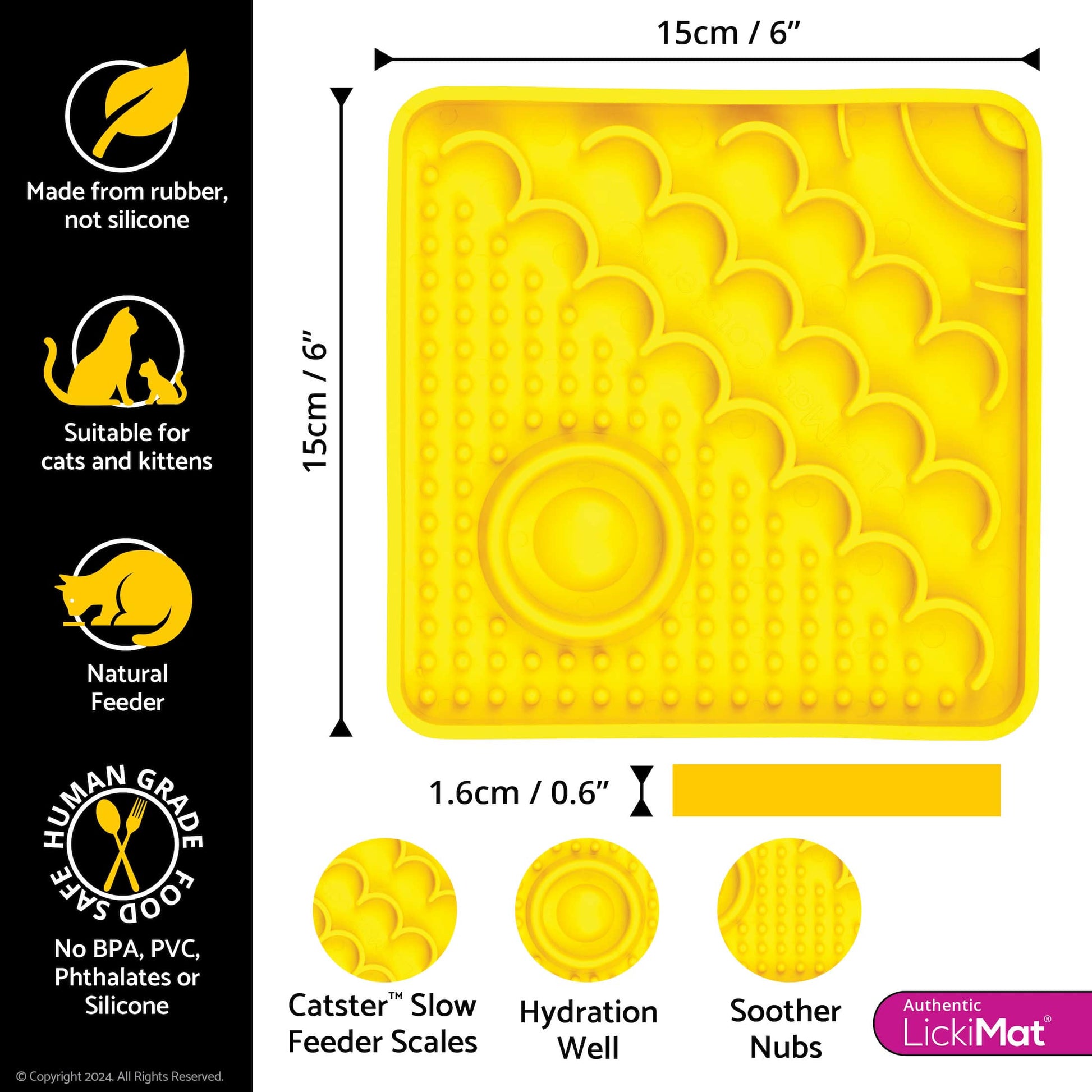 Yellow LickiMat® Catster™ – The Original Slow Feeder Lick Mat for Cats (measurements) on white background