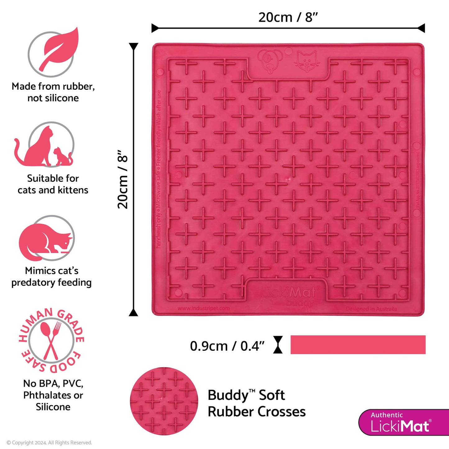 Pink LickiMat® Buddy™ for Cats – The Original Slow Feeder Lick Mat (measurements) on white background