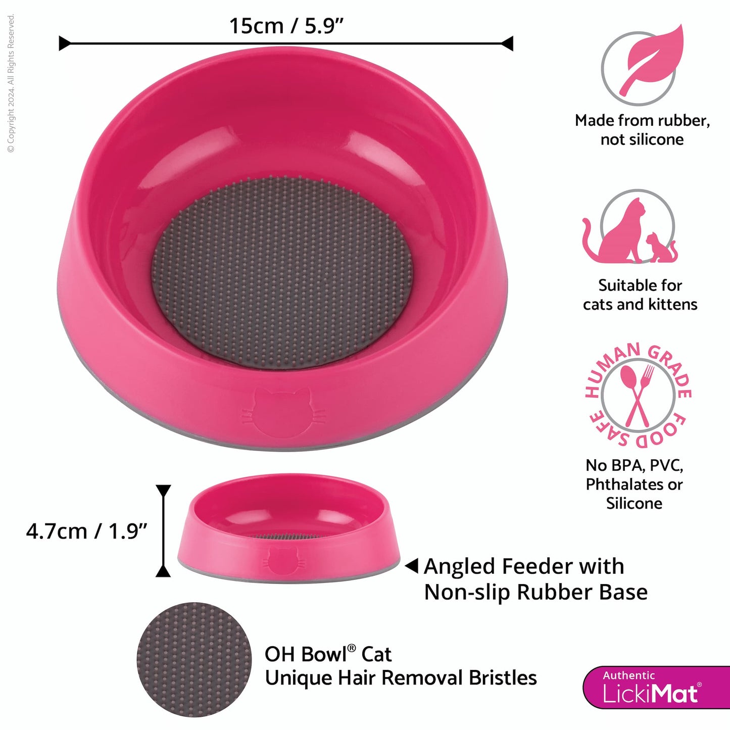 Pink LickiMat® OH Bowl™ for Cats – Oral Health & Slow Feeder Cat Bowl (measurements) on white background