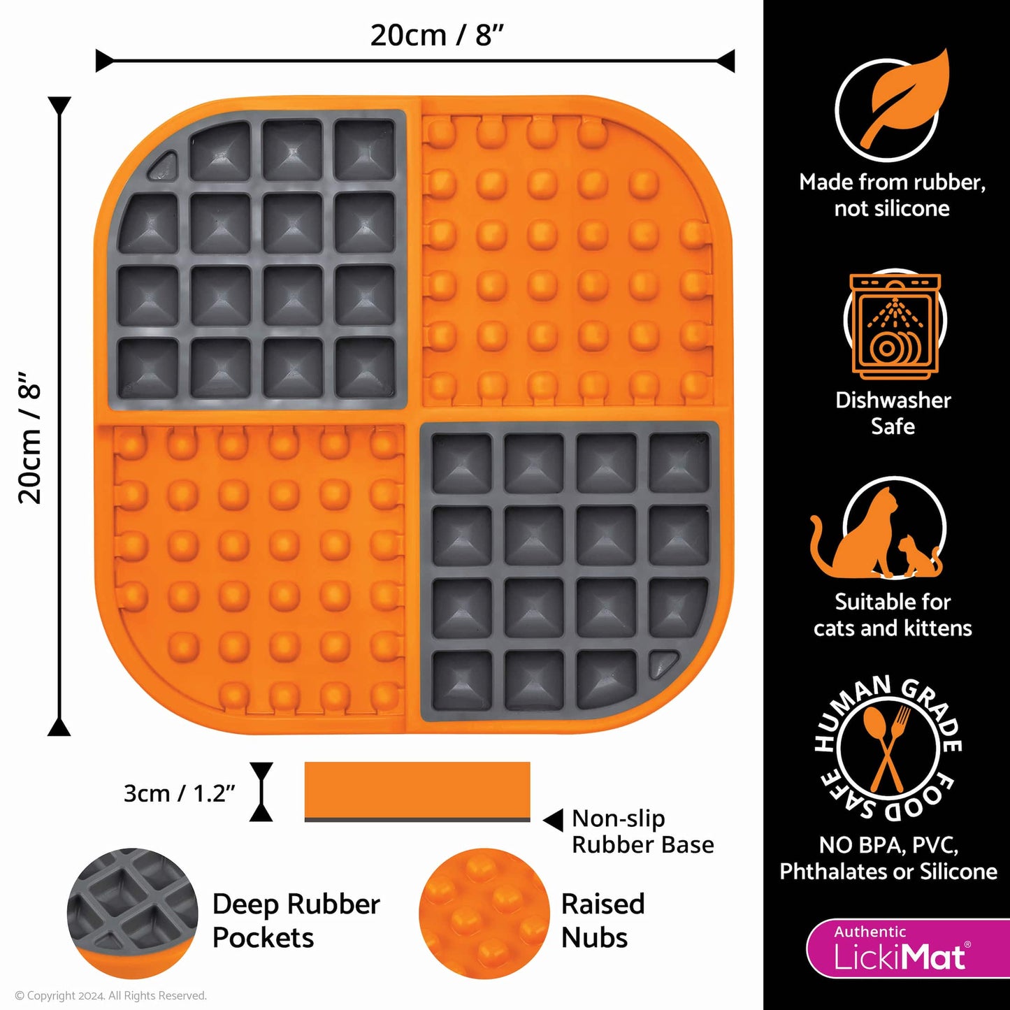Orange LickiMat® Slomo™ – Dual-Texture Slow Feeder Lick Mat for Cats (measurements) on white background