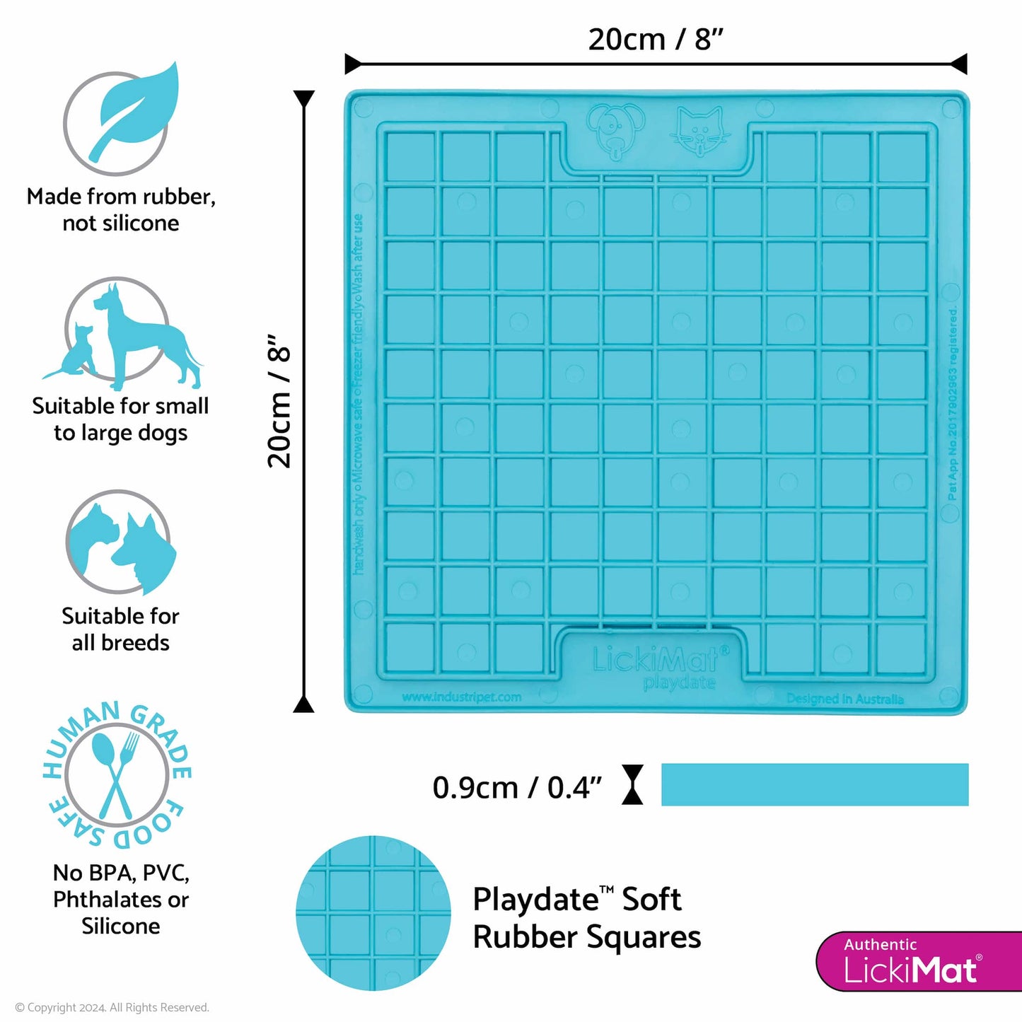 Turquoise LickiMat Classic Playdate™ – Original Slow Feeder Lick Mat for Dogs (measurements) on white background