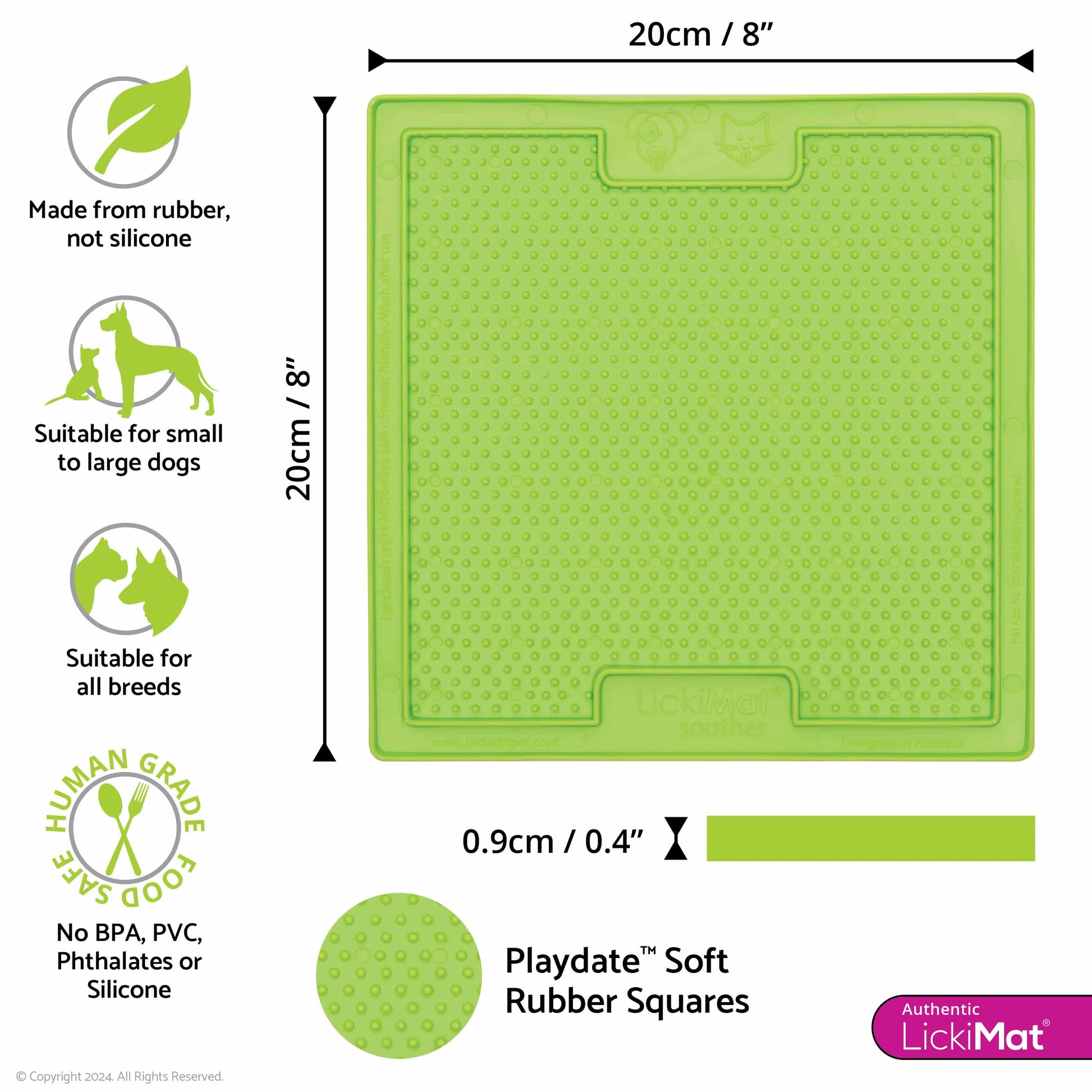 Green LickiMat® Classic Soother™ – Original Slow Feeder Lick Mat for Dogs (measurements) on a white background