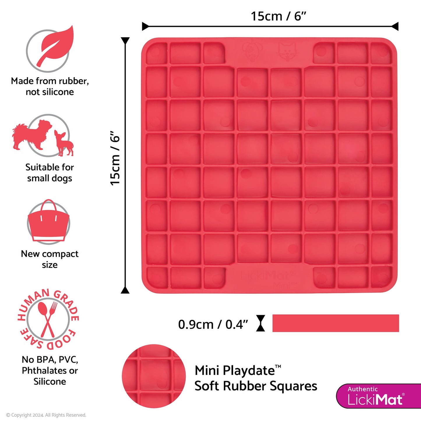 Pink LickiMat® Mini Playdate™ – Slow Feeder Lick Mat for Cats (measurements) on white background