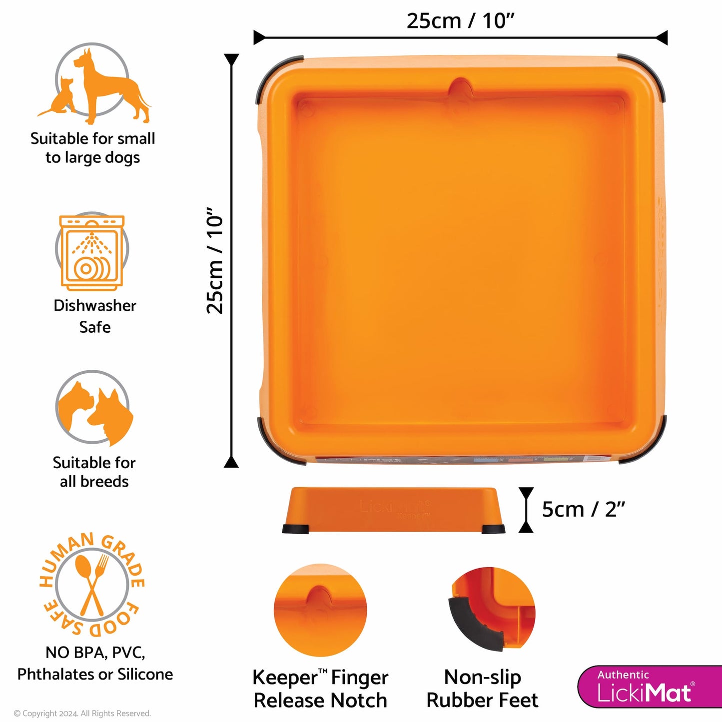Orange LickiMat® Keeper™ – Non-Slip Holder & Dog Bowl for LickiMats® (measurements) on white background