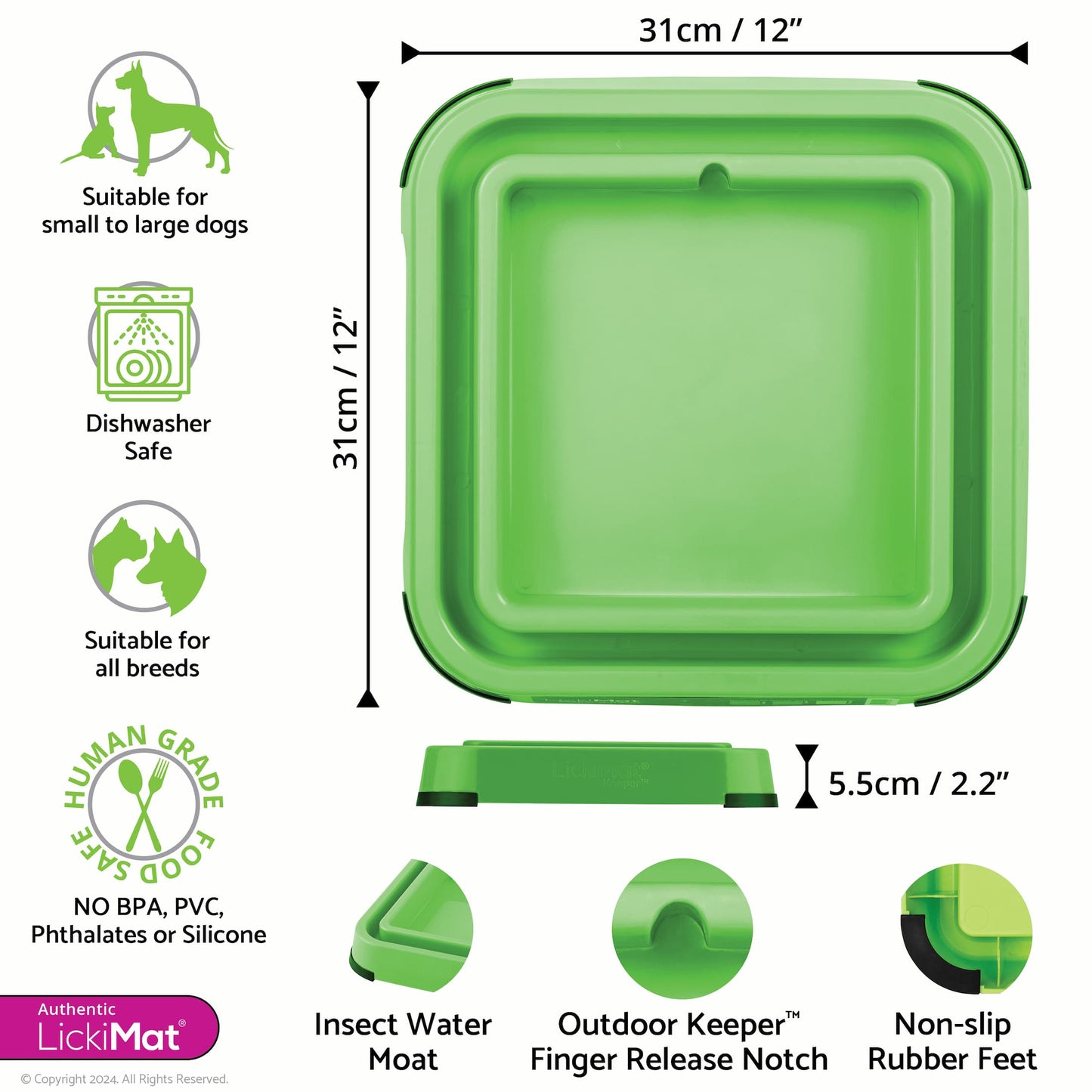 Green LickiMat® Outdoor Keeper™ – Non-Slip Holder & Slow Feeder Dog Bowl (measurements) on white background