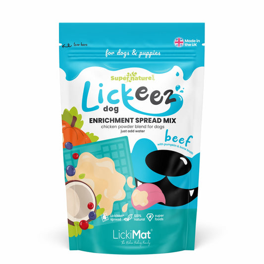 A pouch of beef flavoured Lickeez on a white background