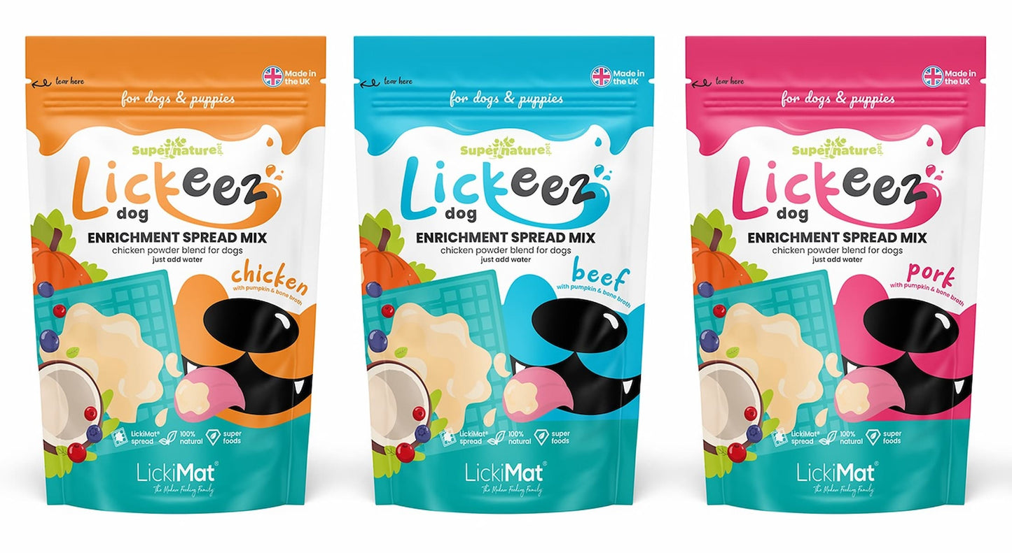 Three packages of Lickeez dog enrichment spread mix in different flavors on a white background.