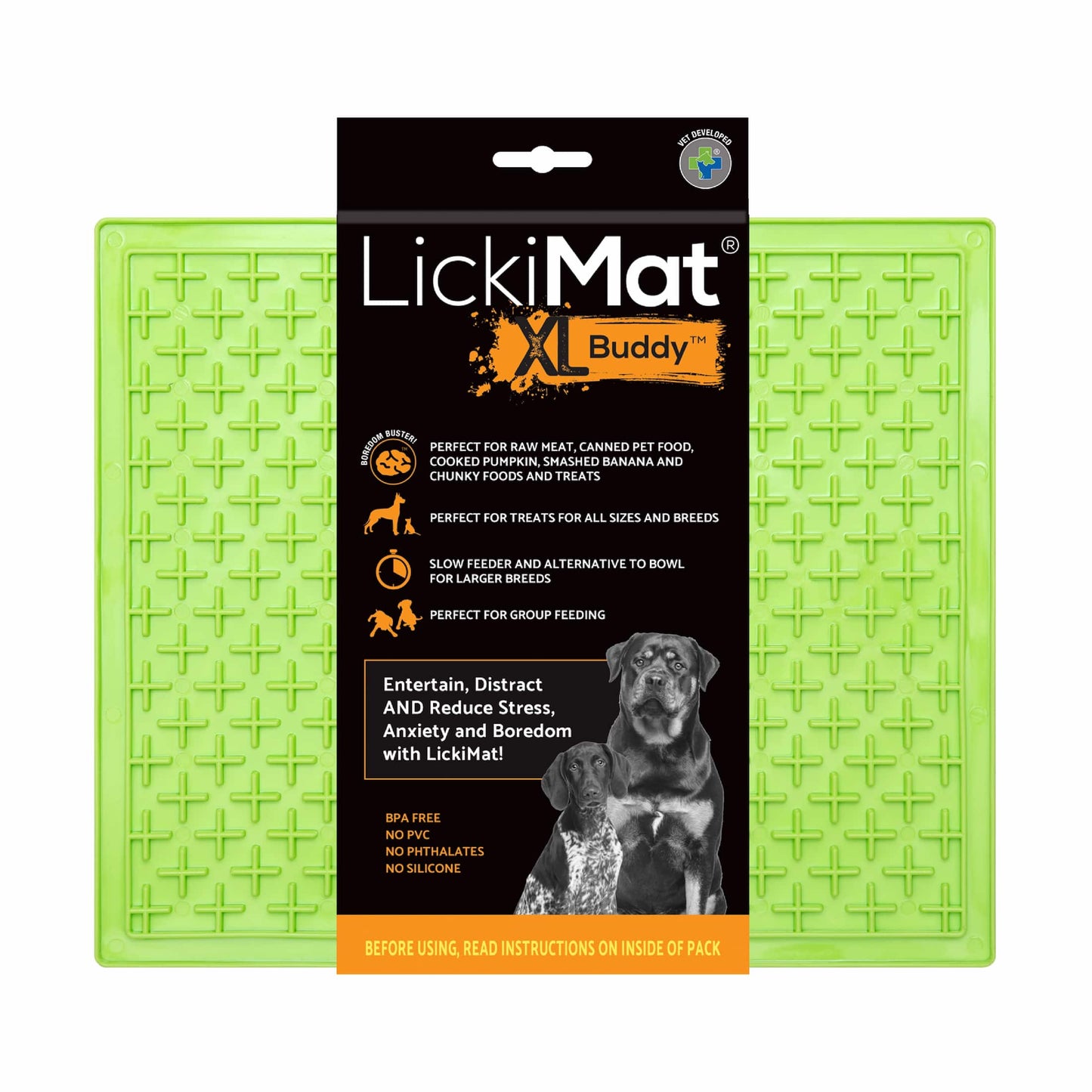 Green LickiMat® Classic Buddy™ XL – Slow Feeder Lick Mat for Dogs (label) on white background