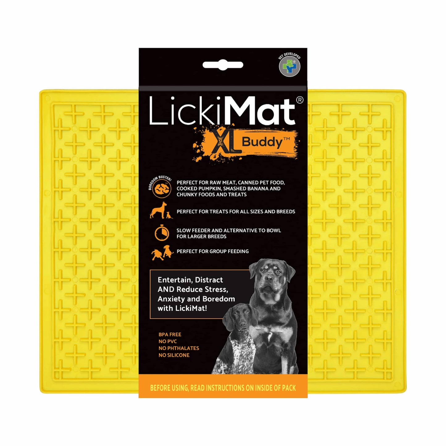 Yellow LickiMat® Classic Buddy™ XL – Slow Feeder Lick Mat for Dogs (label) on white background