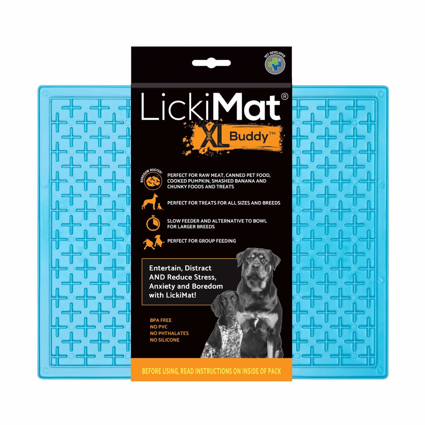 Turquoise LickiMat® Classic Buddy™ XL – Slow Feeder Lick Mat for Dogs (label) on white background