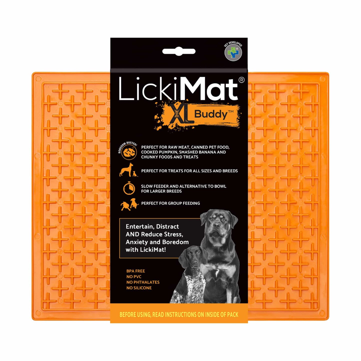 Orange LickiMat® Classic Buddy™ XL – Slow Feeder Lick Mat for Dogs (label) on white background