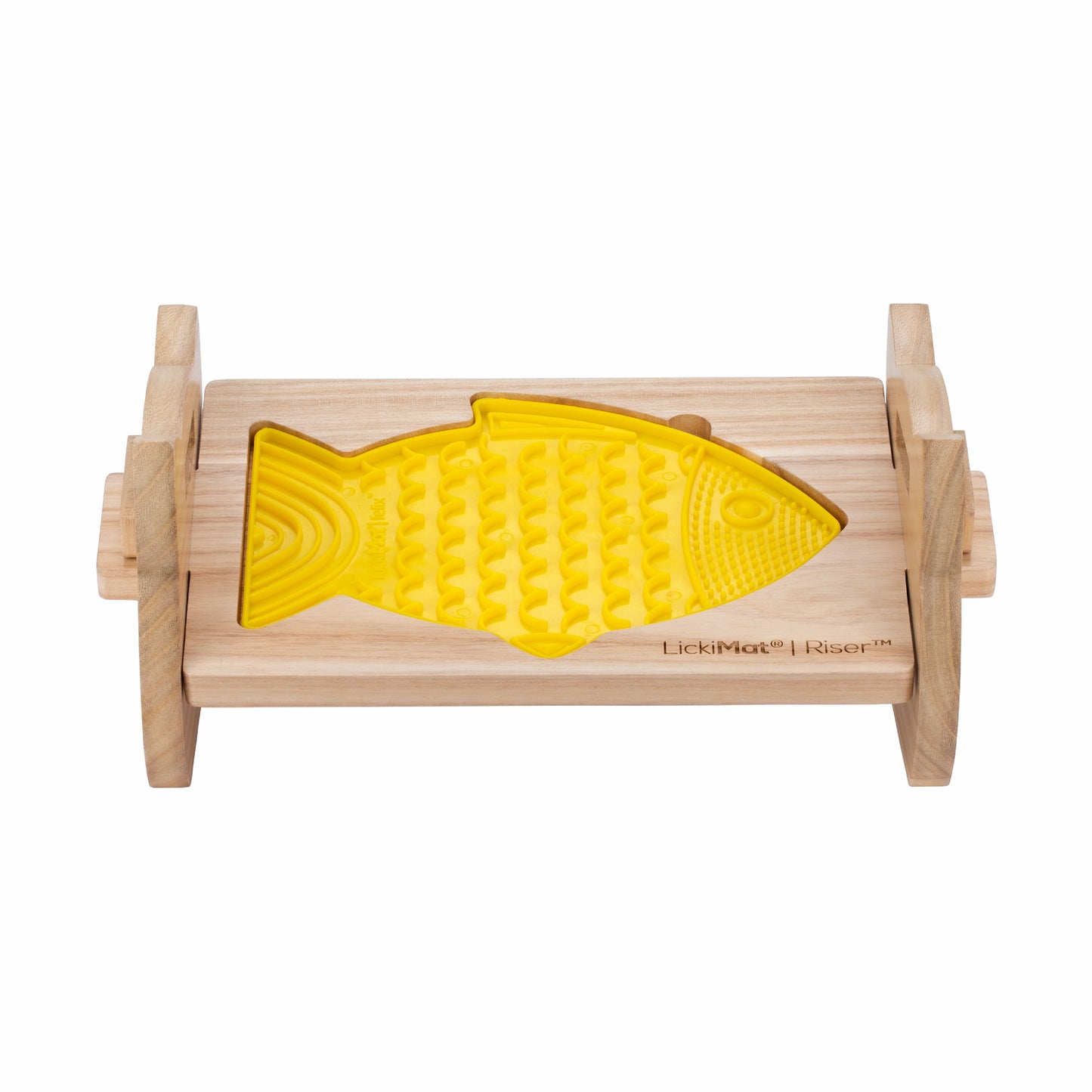 LickiMat® Cat Riser™ – Elevated Cat Feeding Stand with yellow Felix™ with cat edges on White Background