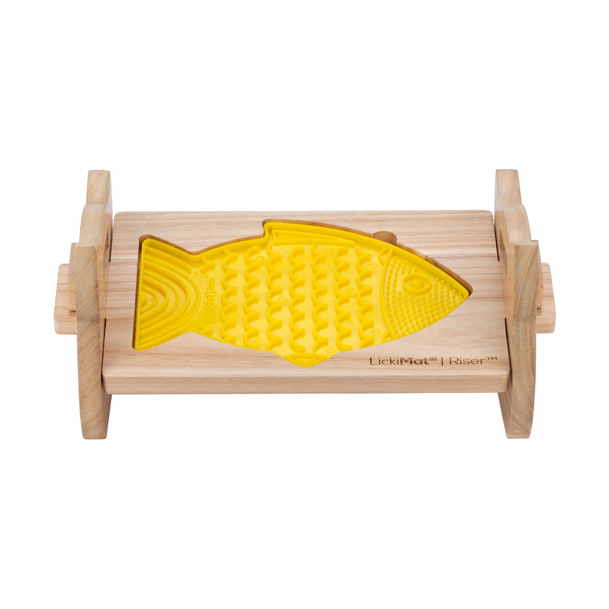 LickiMat® Cat Riser™ – Elevated Cat Feeding Stand with yellow Felix™ with cat edges on White Background