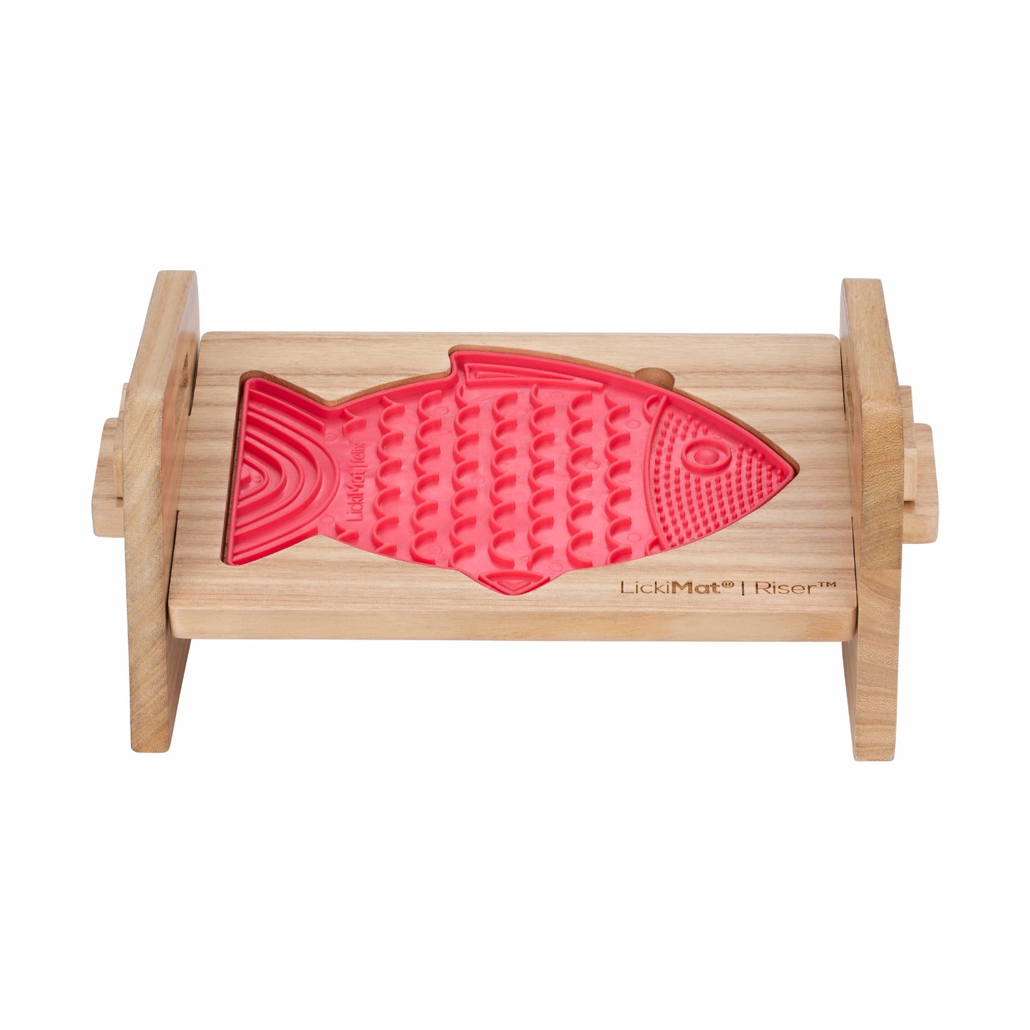 LickiMat® Cat Riser™ – Elevated Cat Feeding Stand with red Felix™ with square edges on White Background