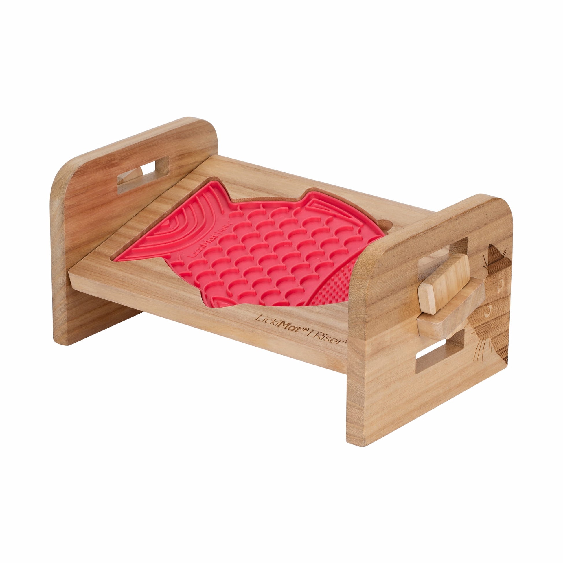 LickiMat® Cat Riser™ – Elevated Cat Feeding Stand with red Felix™ with square edges on White Background