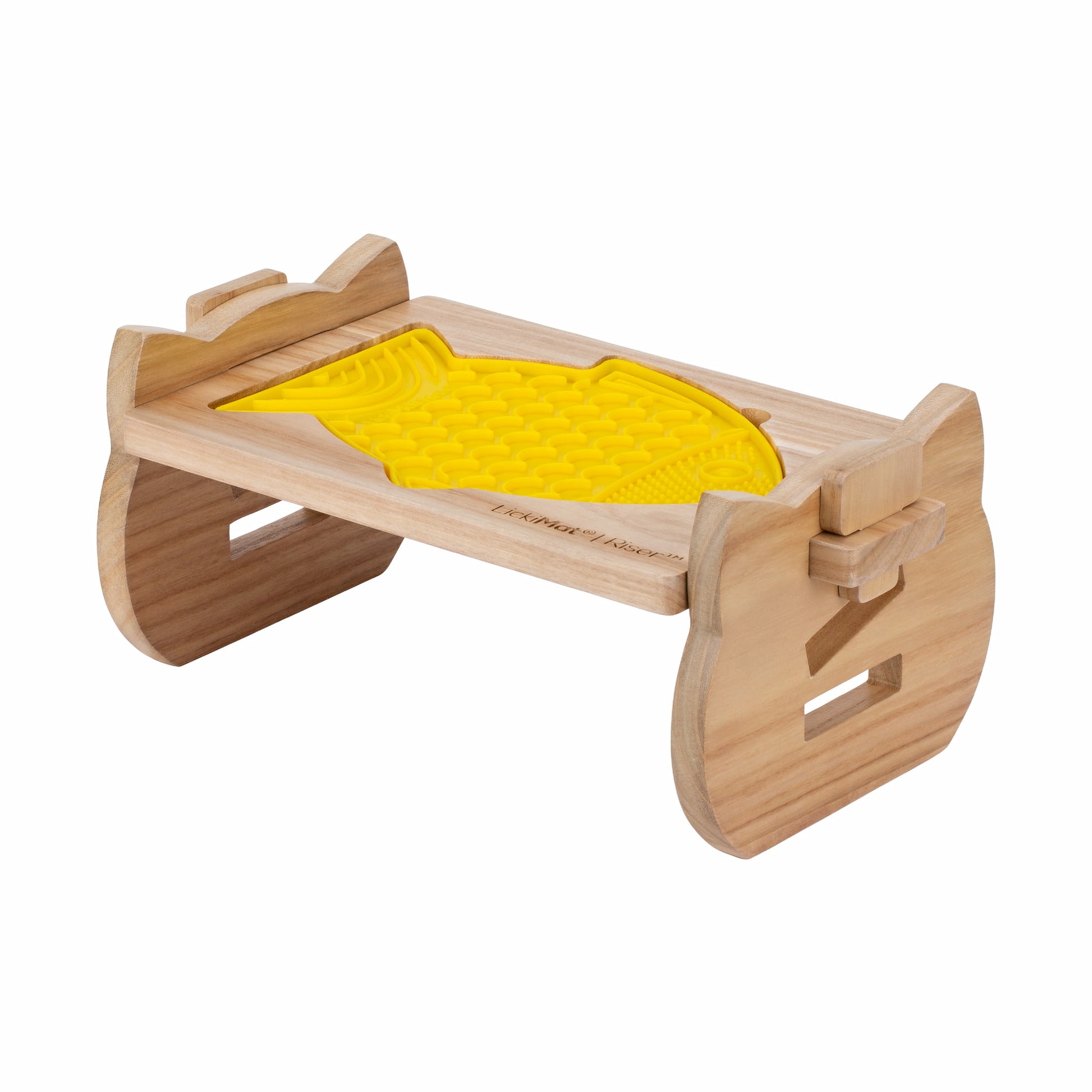 LickiMat® Cat Riser™ – Elevated Cat Feeding Stand with yellow Felix™ with cat edges on White Background
