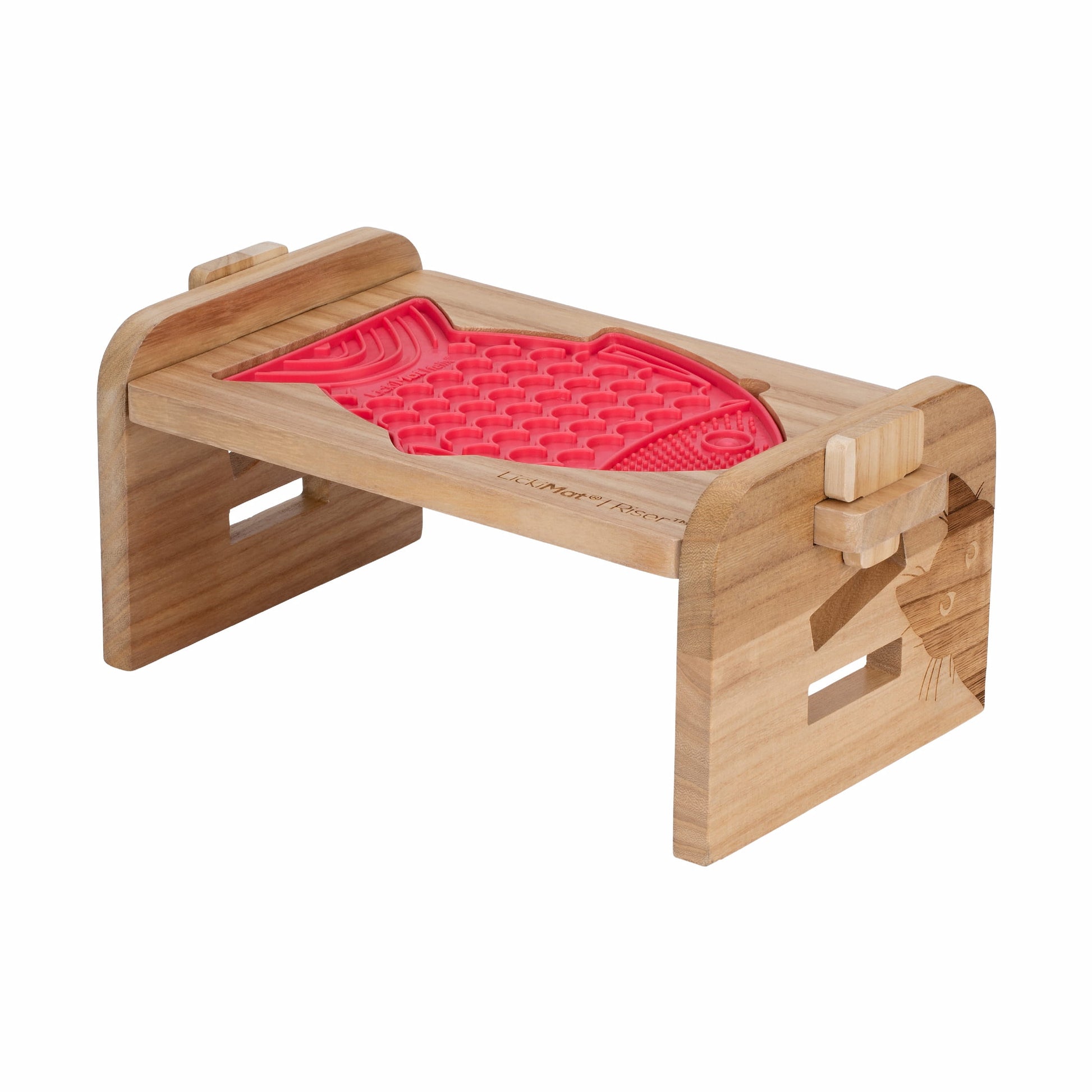 LickiMat® Cat Riser™ – Elevated Cat Feeding Stand with red Felix™ with square edges on White Background
