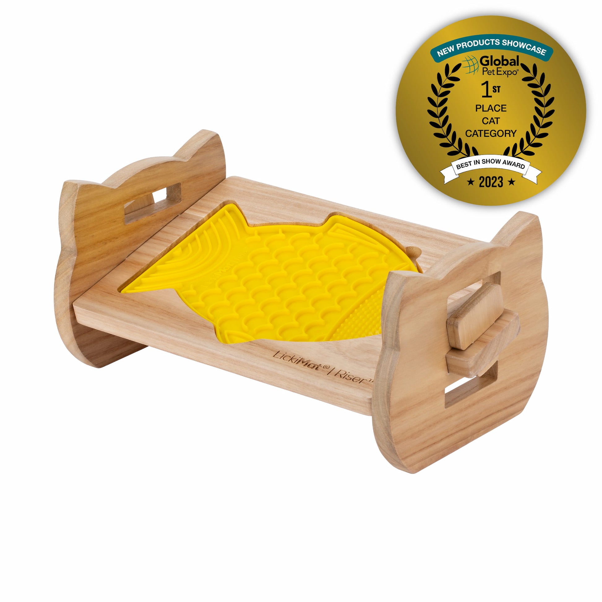 LickiMat® Cat Riser™ – Elevated Cat Feeding Stand with yellow Felix™ with cat edges on White Background
