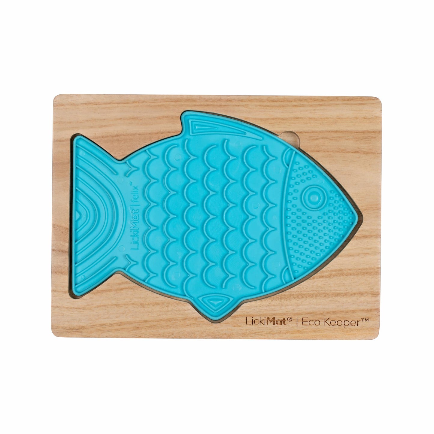 LickiMat Wooden Keeper with turquoise Felix lick mat on white background