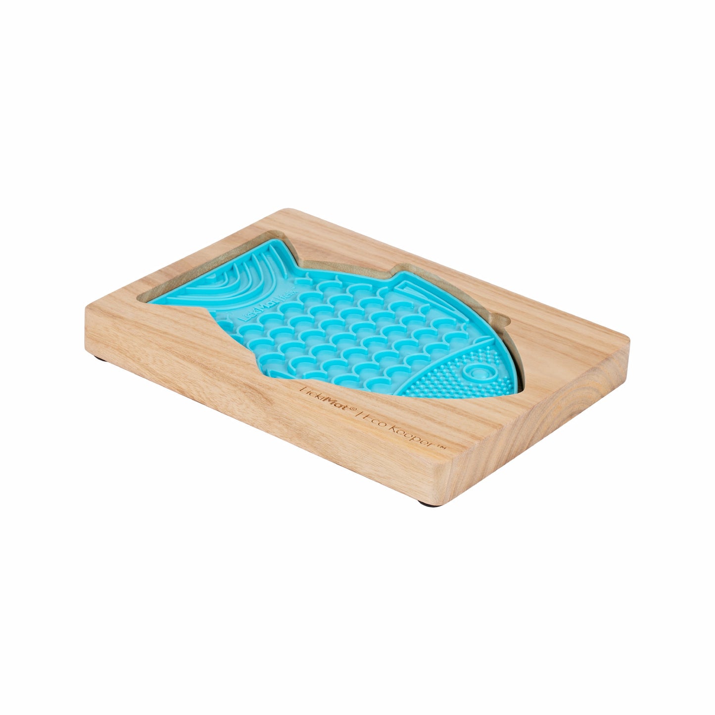 LickiMat Wooden Keeper with turquoise Felix lick mat on white background