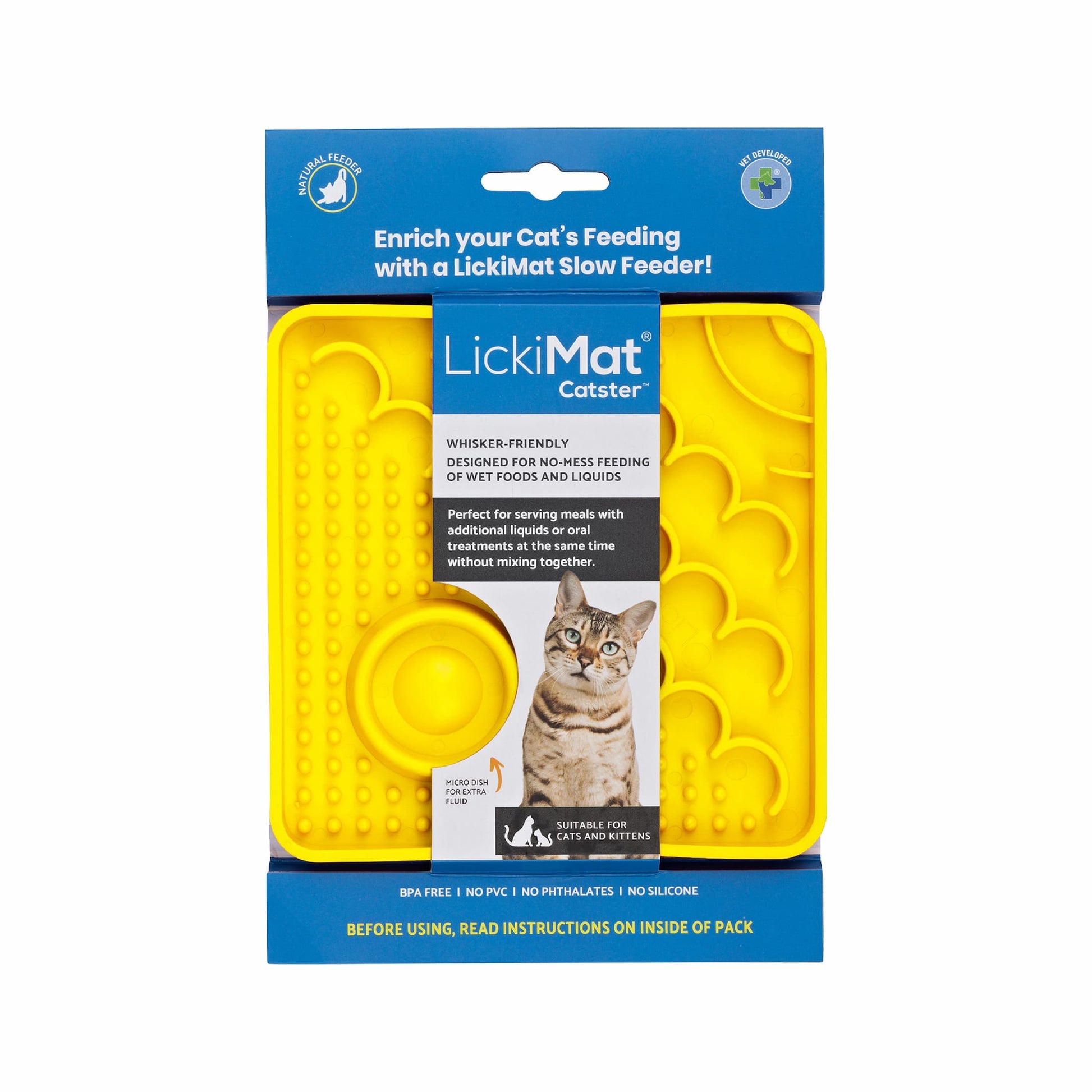 Yellow LickiMat® Catster™ – The Original Slow Feeder Lick Mat for Cats (label) on white background