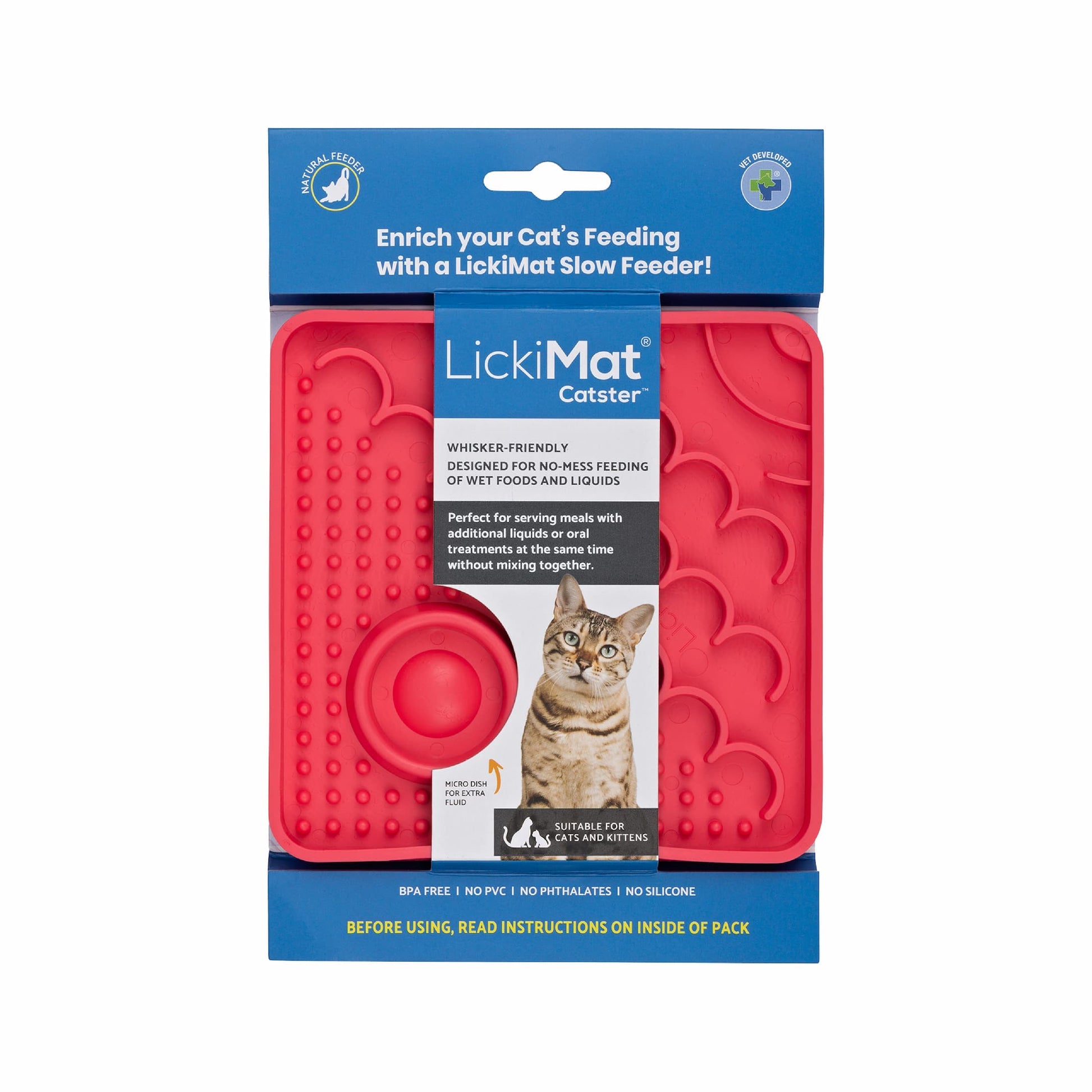Pink LickiMat® Catster™ – The Original Slow Feeder Lick Mat for Cats (label) on white background