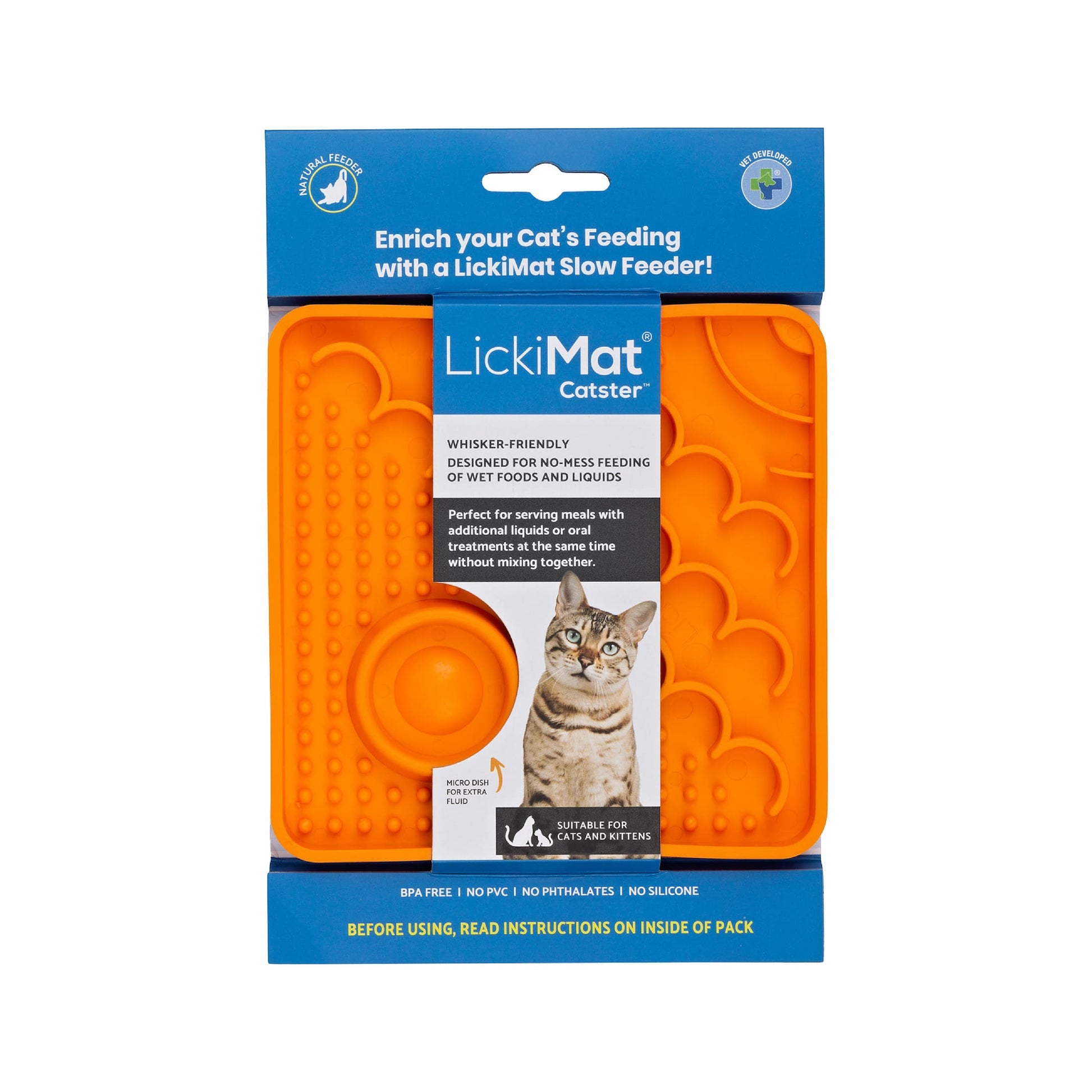 Orange LickiMat® Catster™ – The Original Slow Feeder Lick Mat for Cats (label) on white background