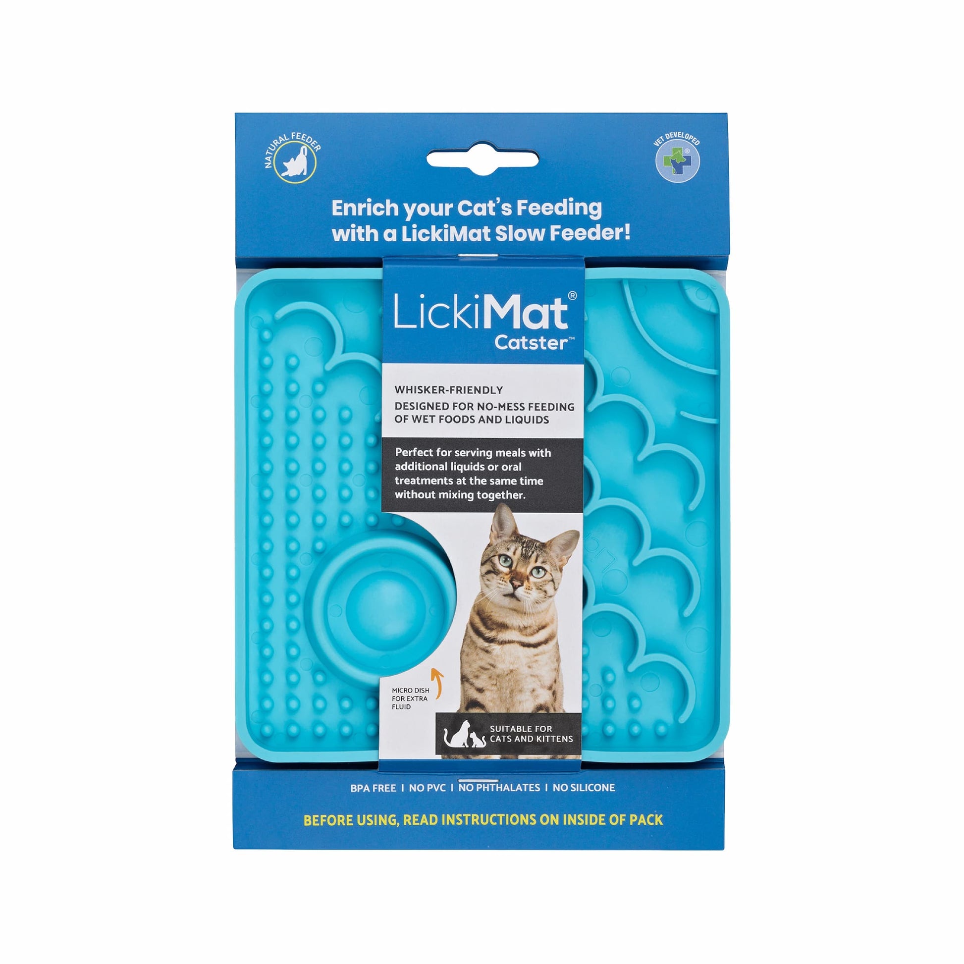 Turquoise LickiMat® Catster™ – The Original Slow Feeder Lick Mat for Cats (label) on white background