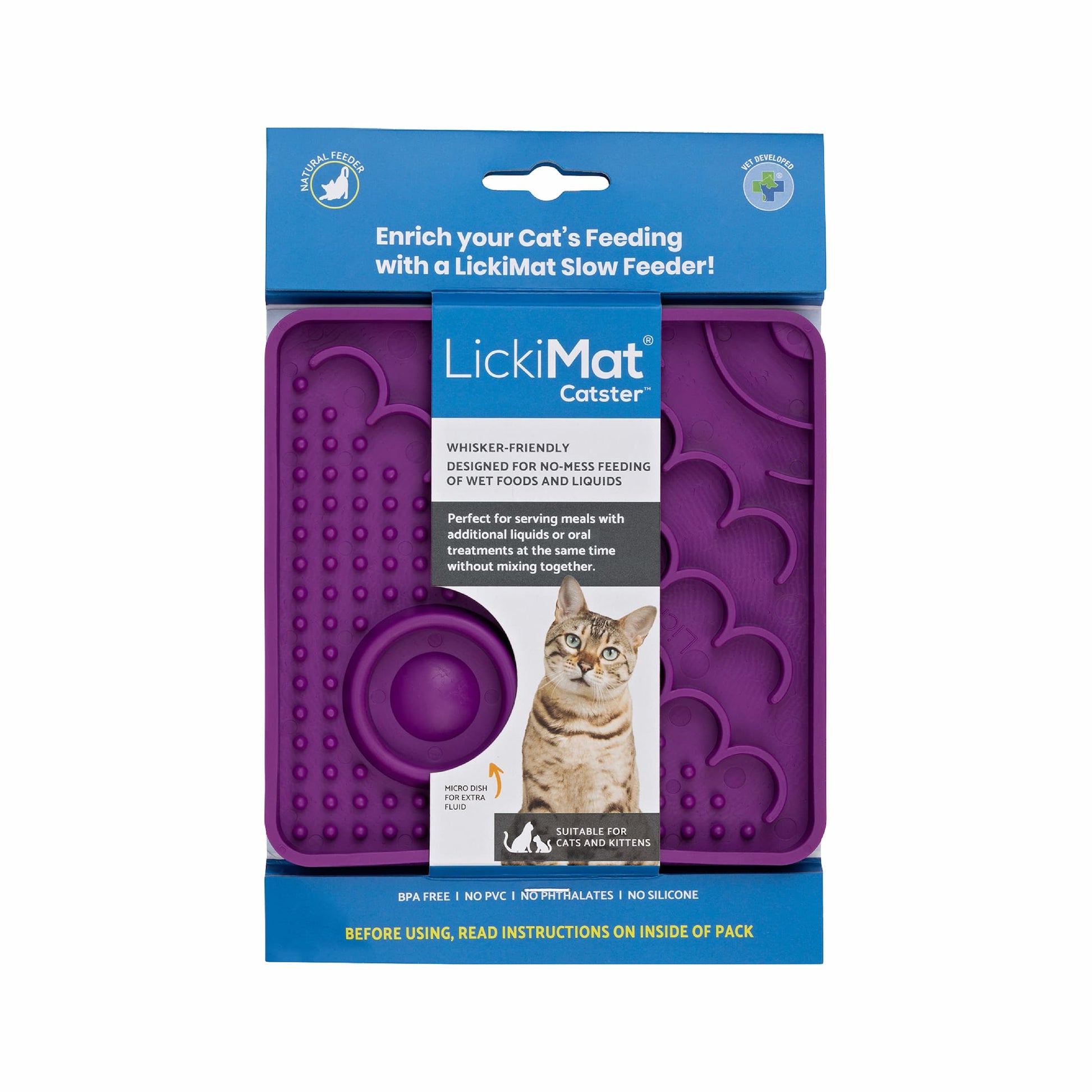 Purple LickiMat® Catster™ – The Original Slow Feeder Lick Mat for Cats (label) on white background