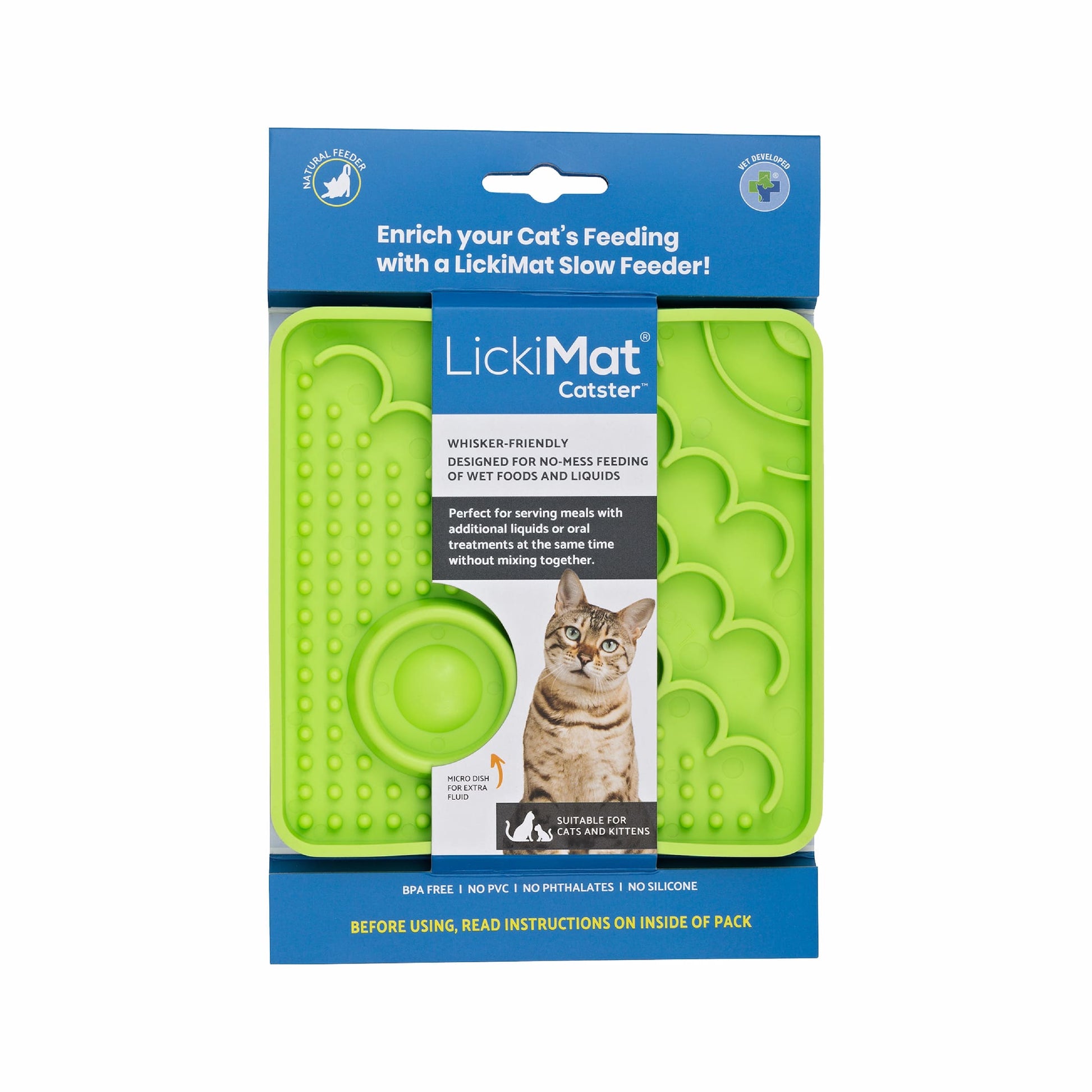 Green LickiMat® Catster™ – The Original Slow Feeder Lick Mat for Cats (label) on white background