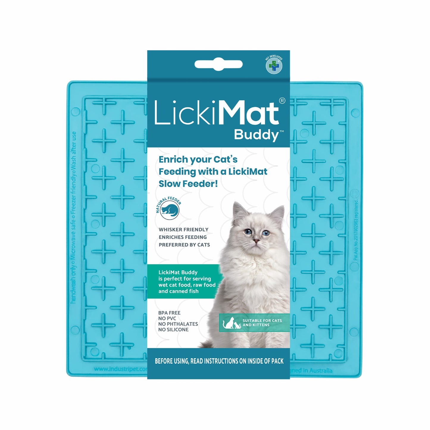 Turquoise LickiMat® Buddy™ for Cats – The Original Slow Feeder Lick Mat (label) on white background