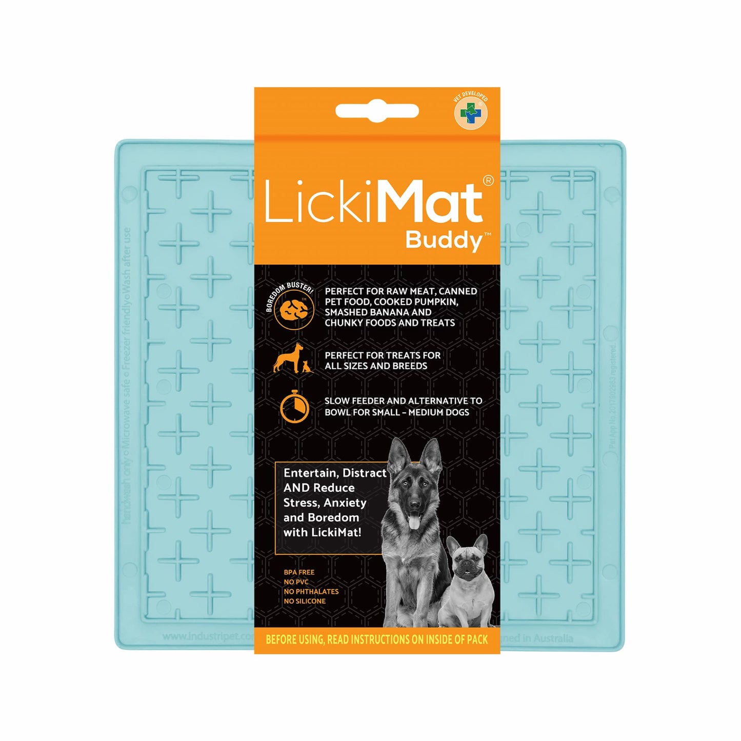 Mint LickiMat® Classic Buddy™ – Original Slow Feeder Lick Mat for Dogs (label) on a white background