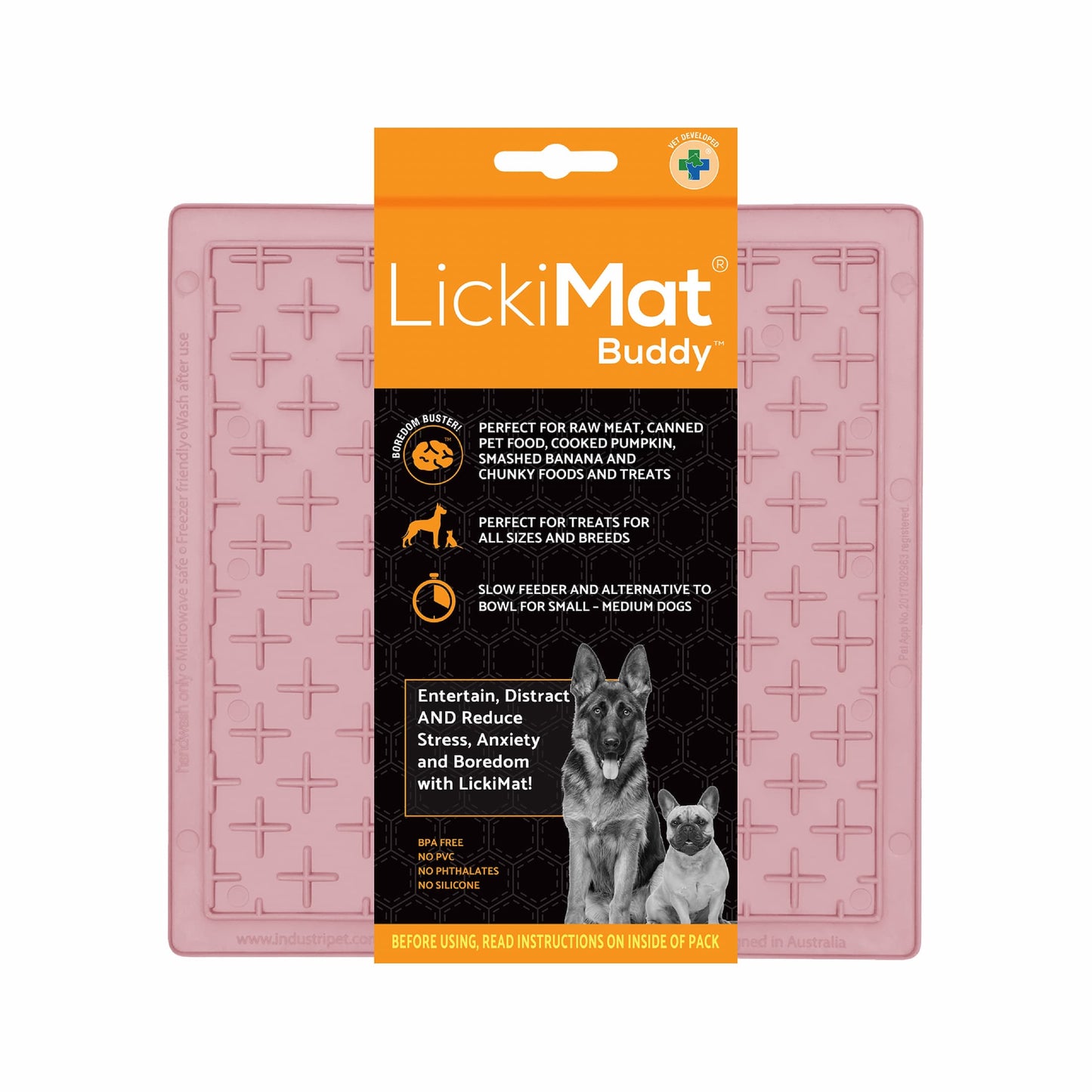 Guava LickiMat® Classic Buddy™ – Original Slow Feeder Lick Mat for Dogs (label) on a white background
