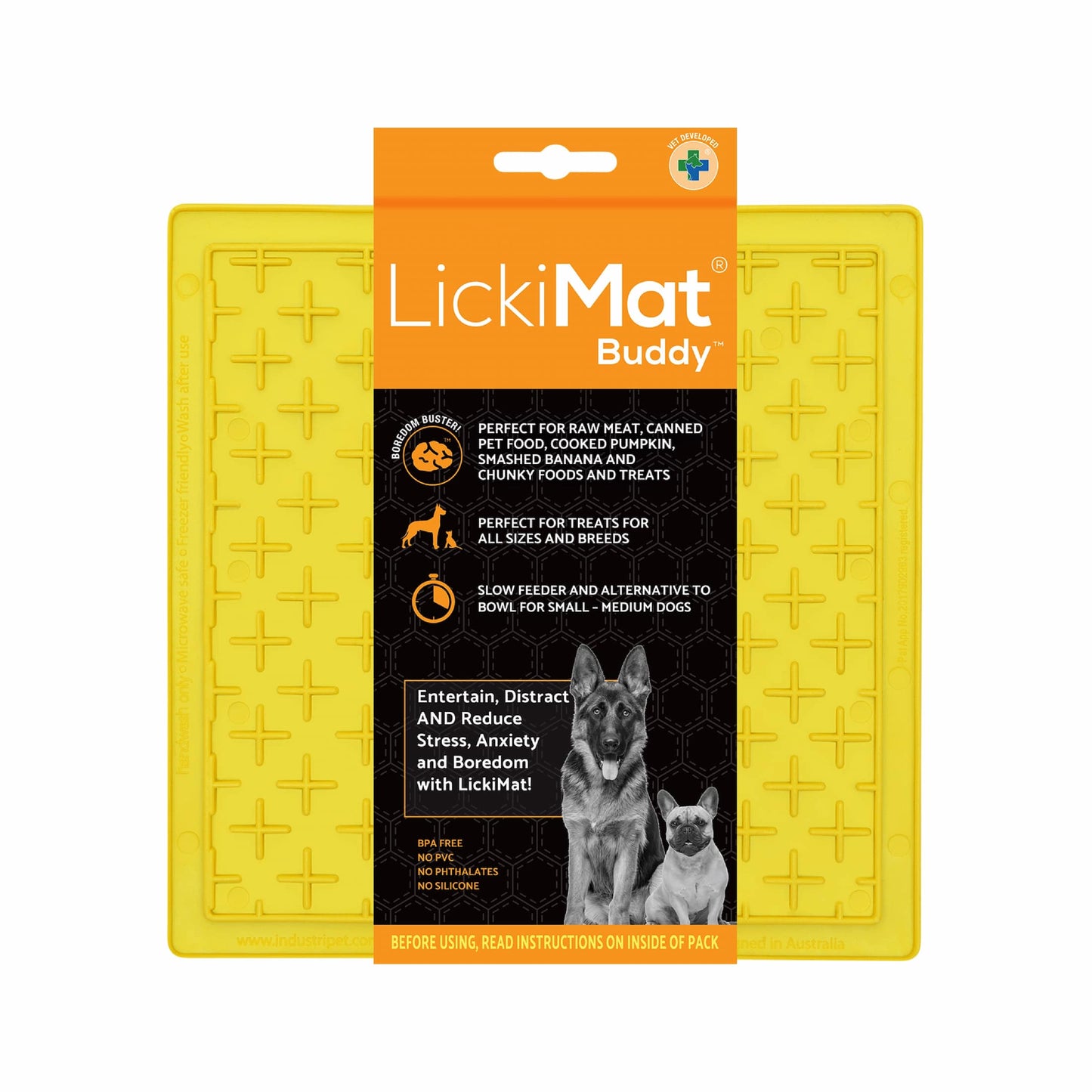 Yellow LickiMat® Classic Buddy™ – Original Slow Feeder Lick Mat for Dogs (label) on a white background