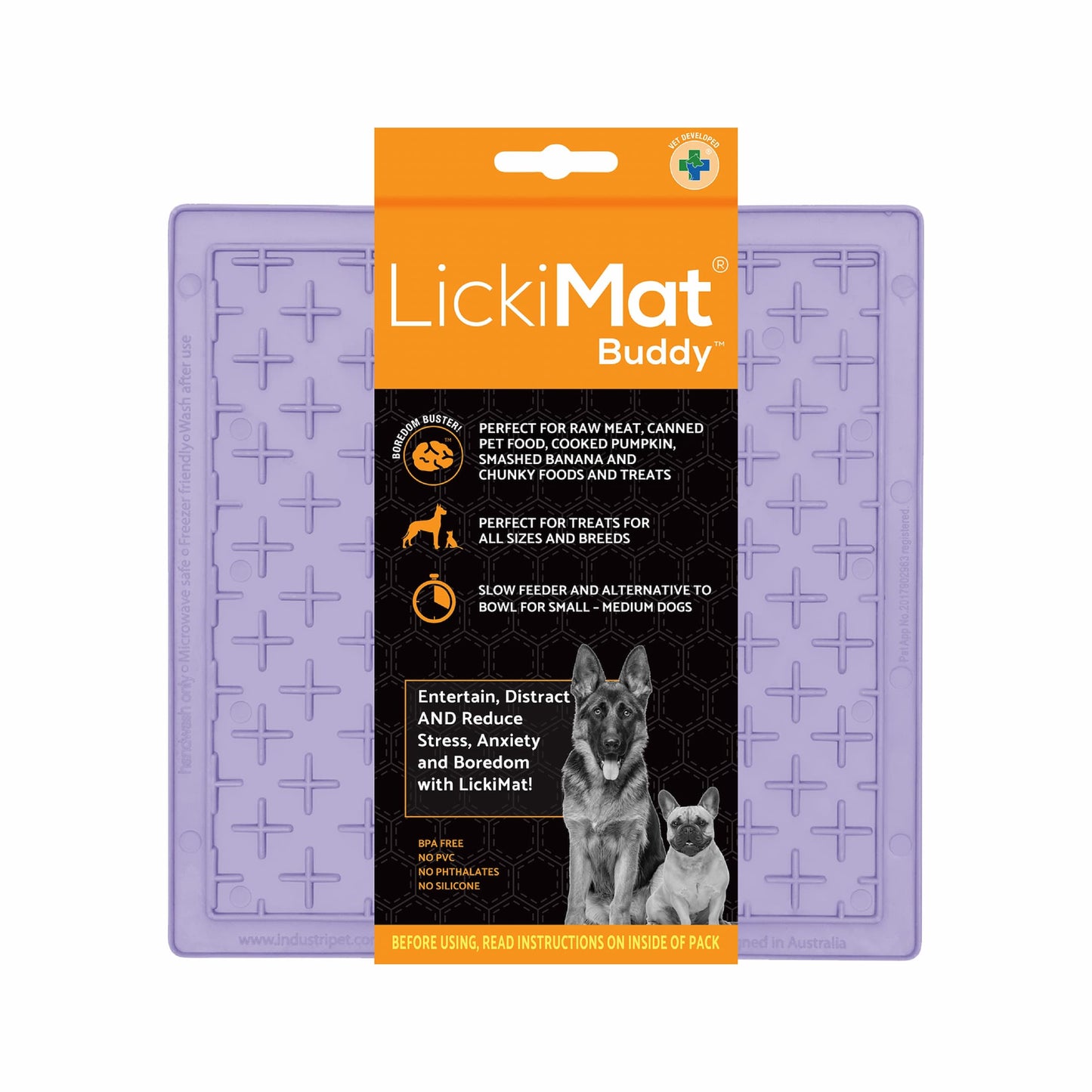 Lavender LickiMat® Classic Buddy™ – Original Slow Feeder Lick Mat for Dogs (label) on a white background