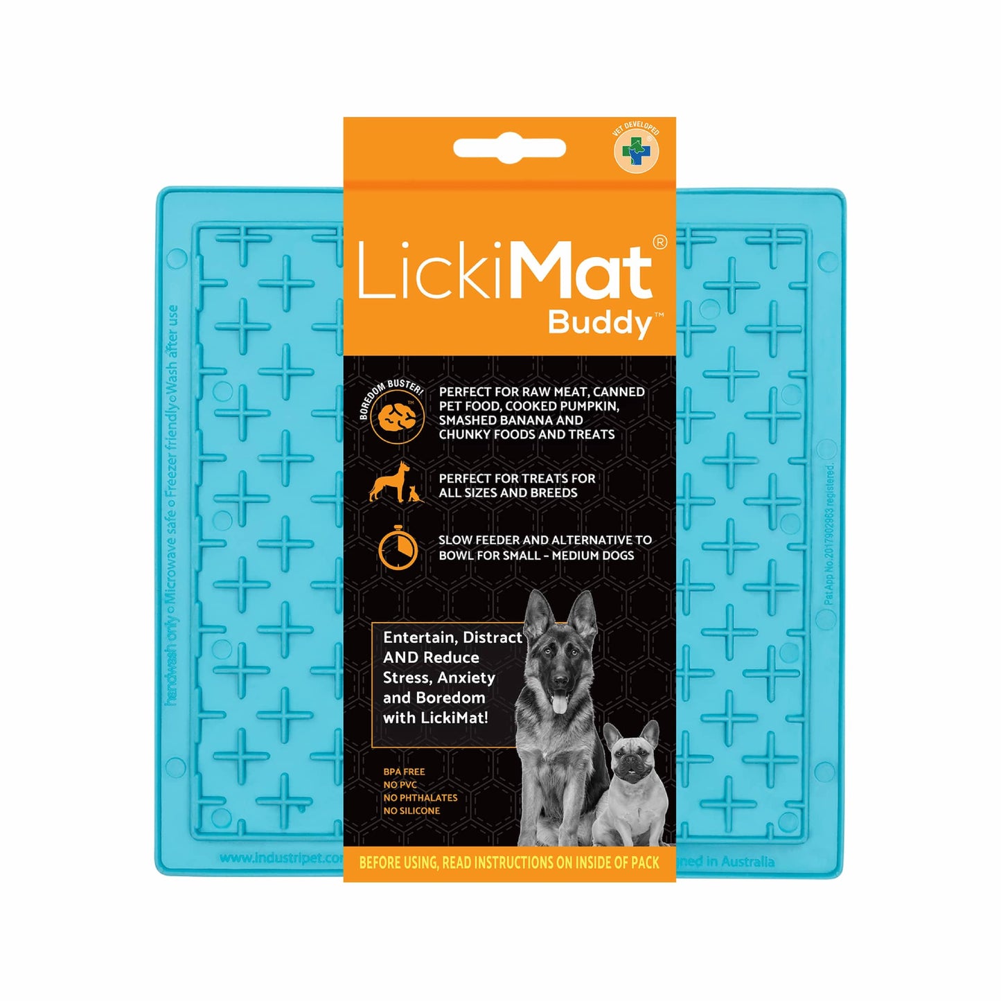 Turquoise LickiMat® Classic Buddy™ – Original Slow Feeder Lick Mat for Dogs (label) on a white background