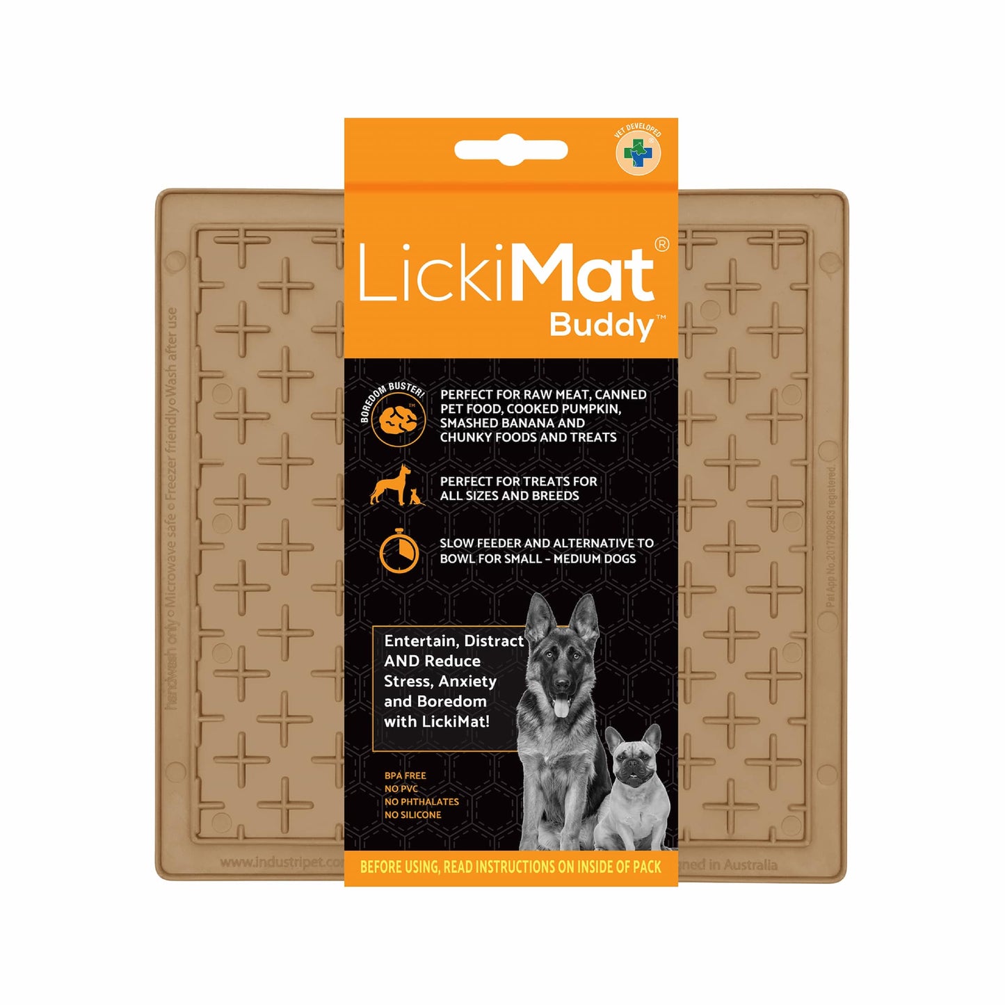 Coffee LickiMat® Classic Buddy™ – Original Slow Feeder Lick Mat for Dogs (label) on a white background