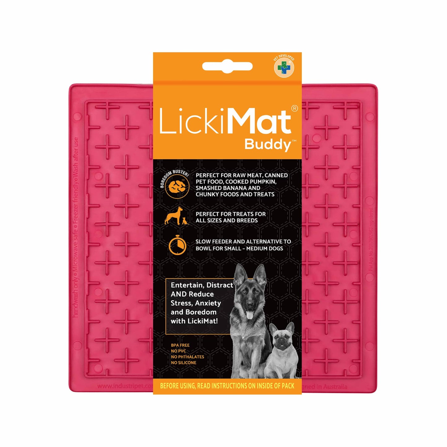Pink LickiMat® Classic Buddy™ – Original Slow Feeder Lick Mat for Dogs (label) on a white background