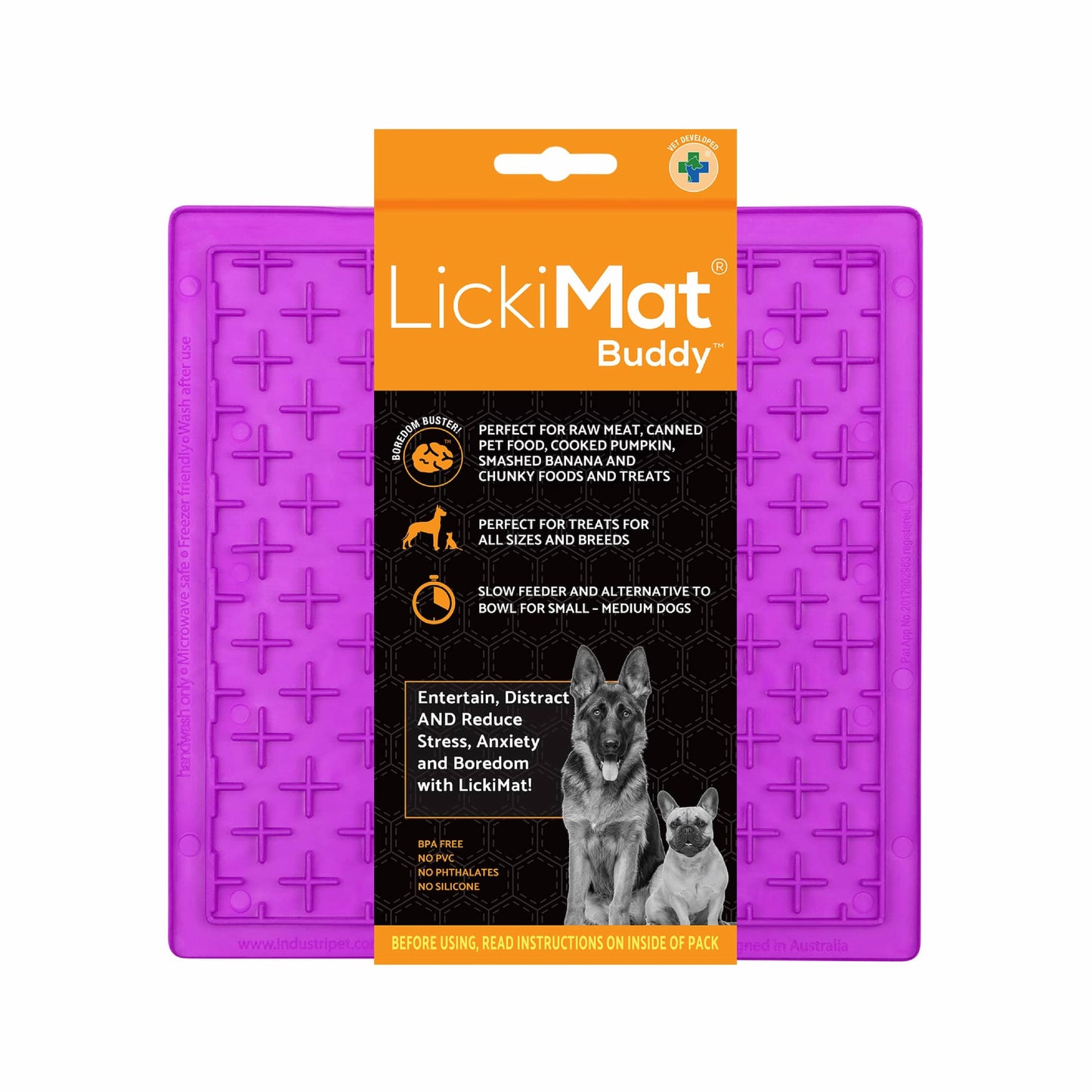 Purple LickiMat® Classic Buddy™ – Original Slow Feeder Lick Mat for Dogs (label) on a white background