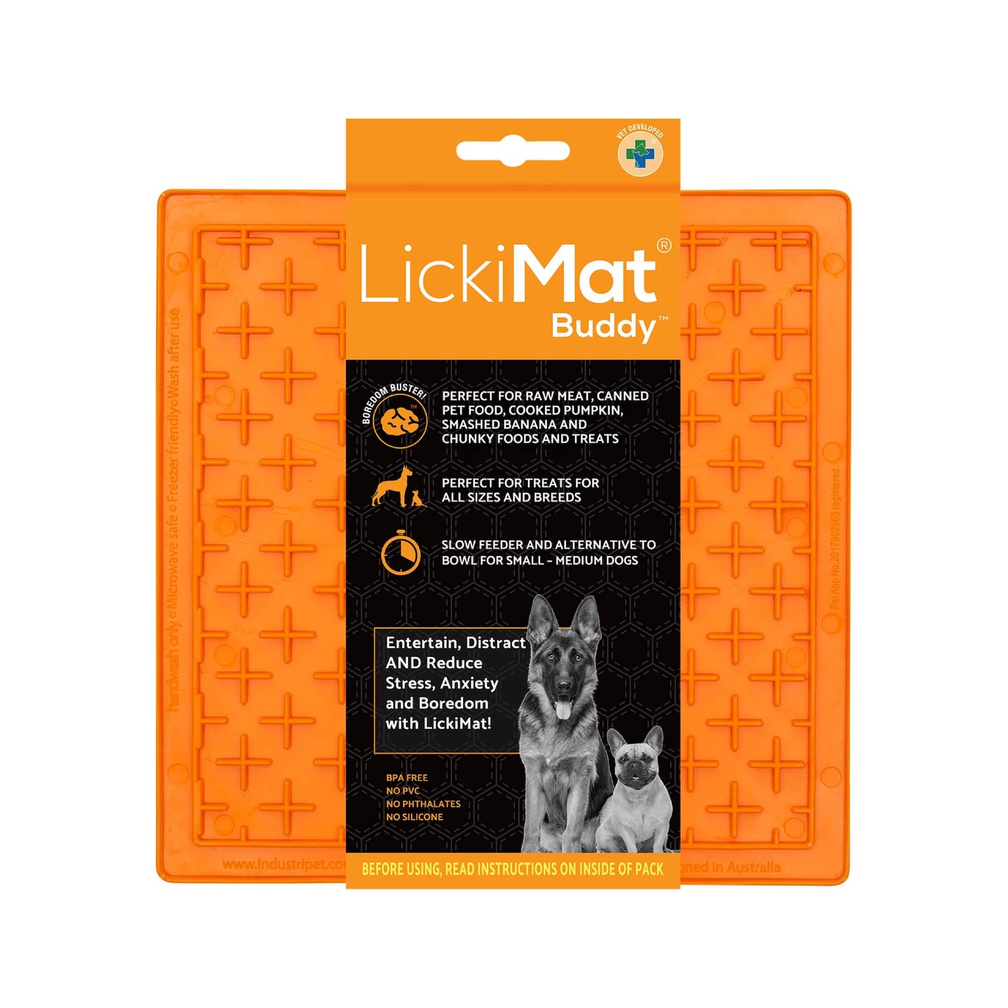 Orange LickiMat® Classic Buddy™ – Original Slow Feeder Lick Mat for Dogs (label) on a white background