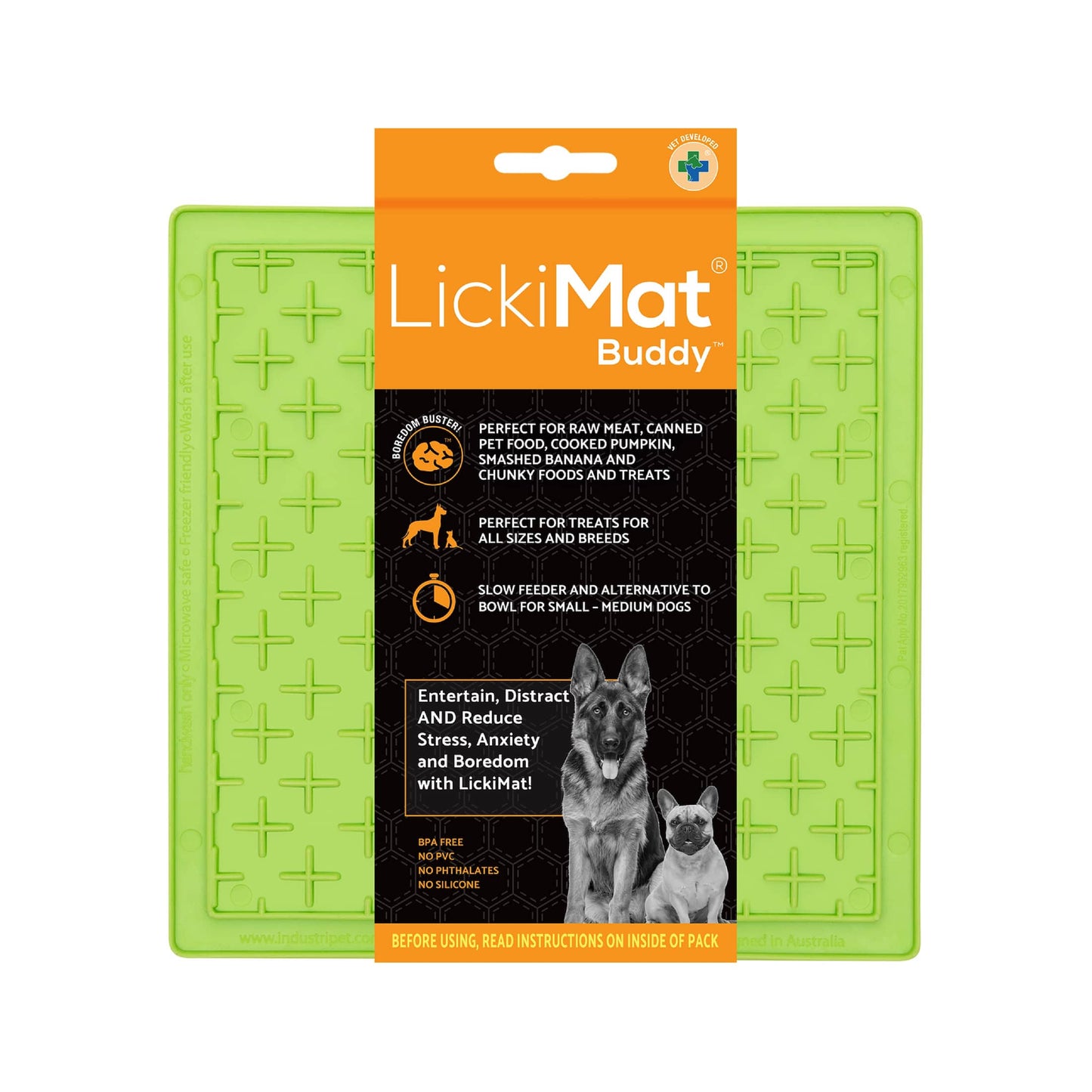 Green LickiMat® Classic Buddy™ – Original Slow Feeder Lick Mat for Dogs (label) on a white background