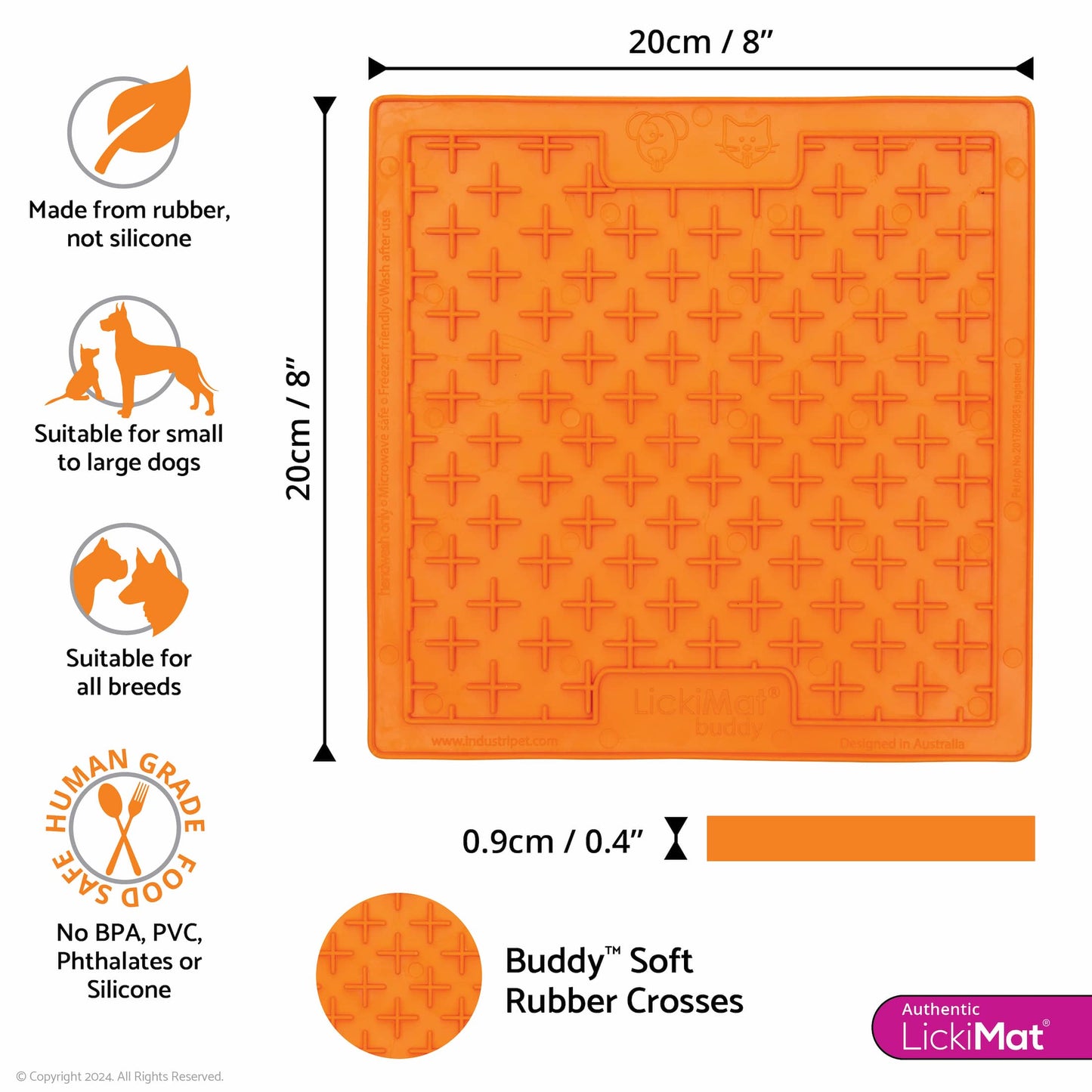 Orange LickiMat® Classic Buddy™ – Original Slow Feeder Lick Mat for Dogs (measurements) on a white background