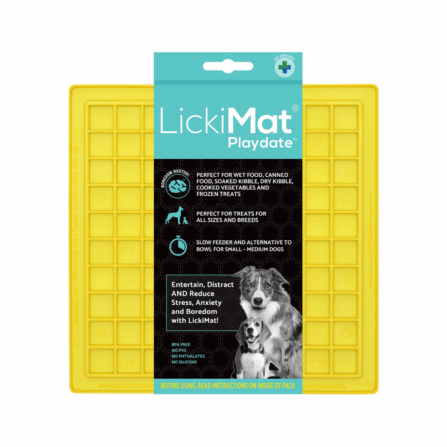Yellow LickiMat Classic Playdate™ – Original Slow Feeder Lick Mat for Dogs (label) on white background