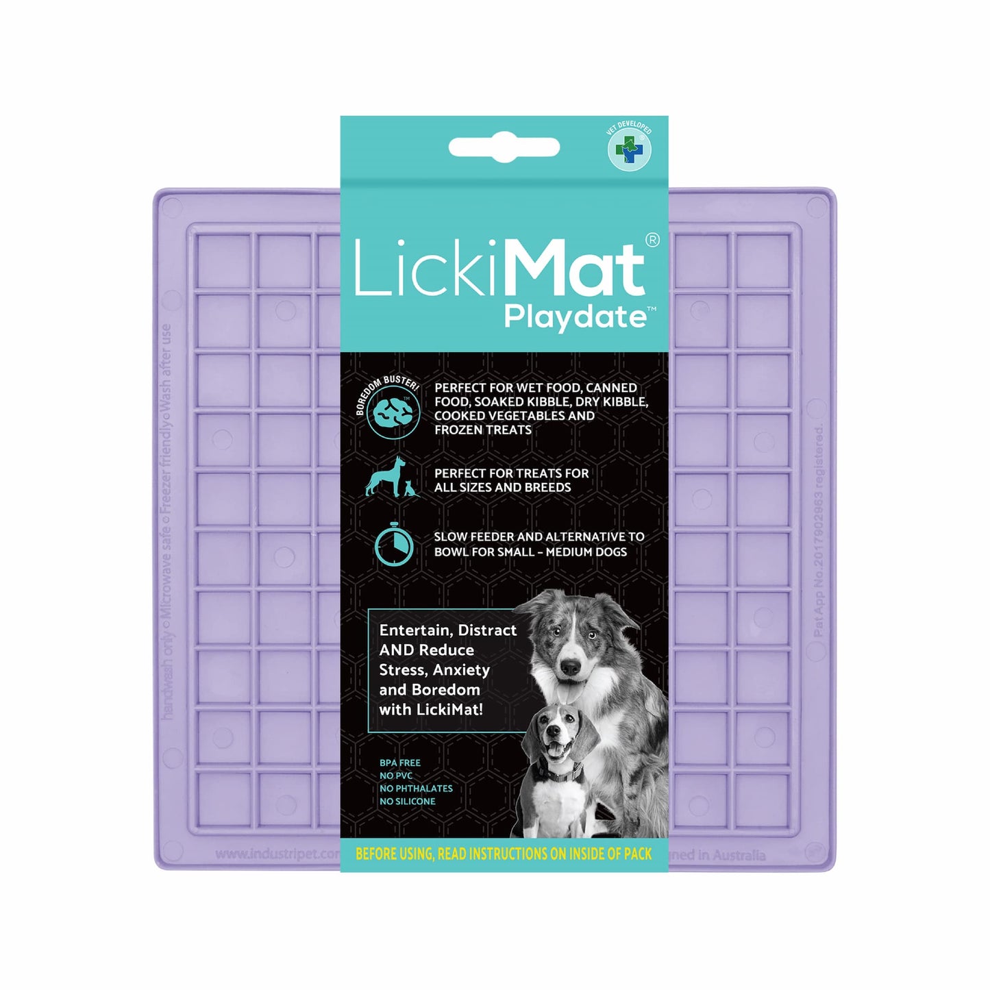 Lavender LickiMat Classic Playdate™ – Original Slow Feeder Lick Mat for Dogs (label) on white background