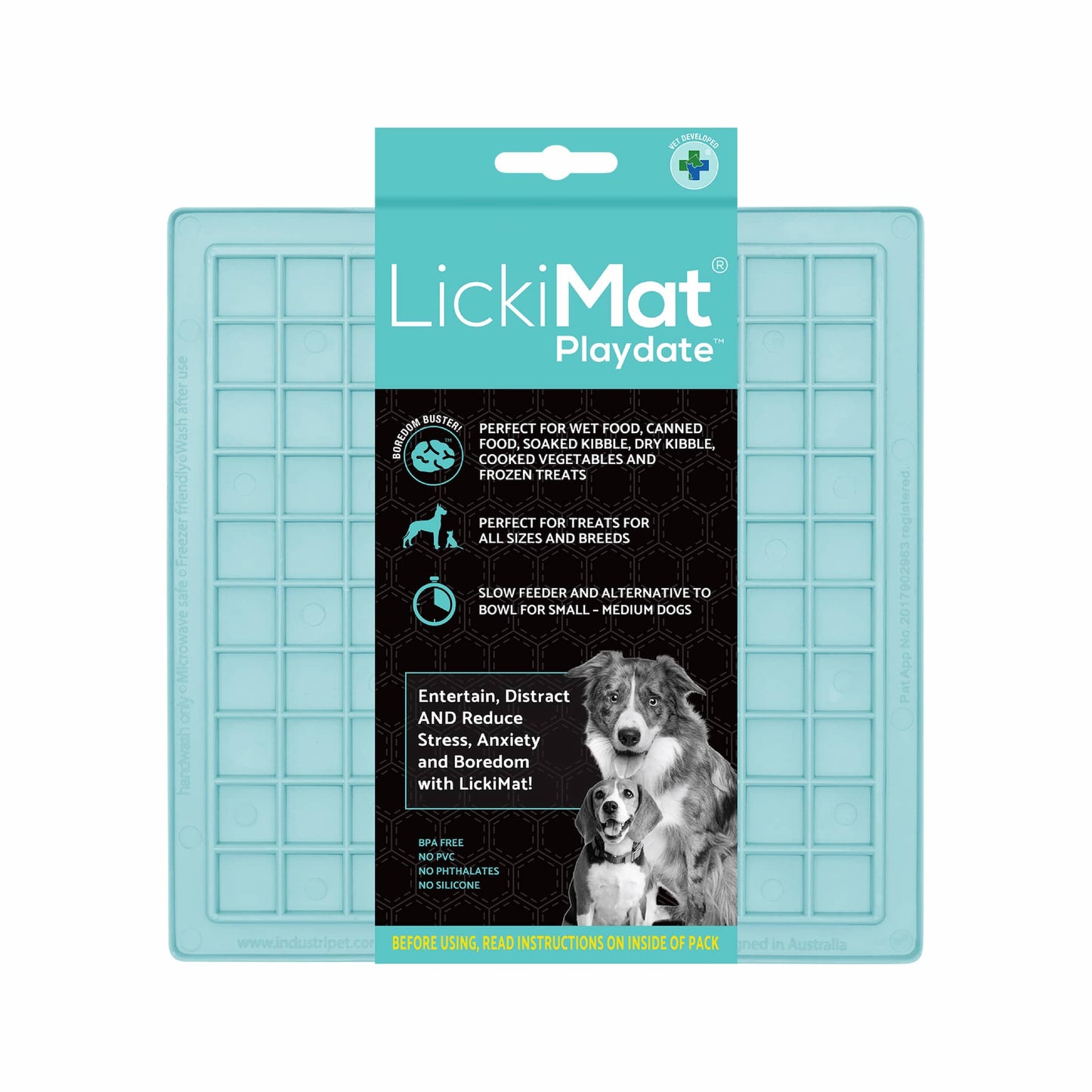 Mint LickiMat Classic Playdate™ – Original Slow Feeder Lick Mat for Dogs (label) on white background