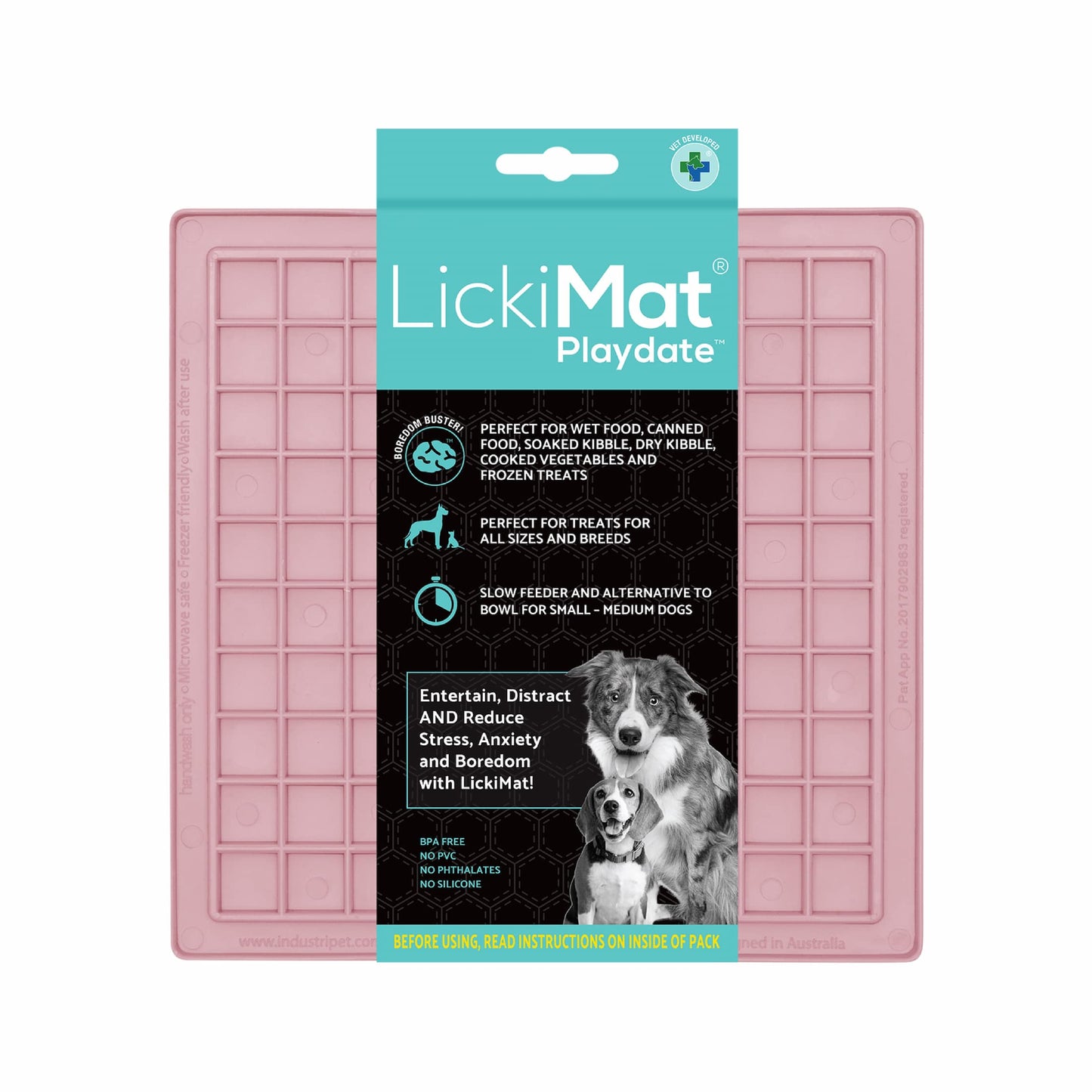 Guava LickiMat Classic Playdate™ – Original Slow Feeder Lick Mat for Dogs (label) on white background