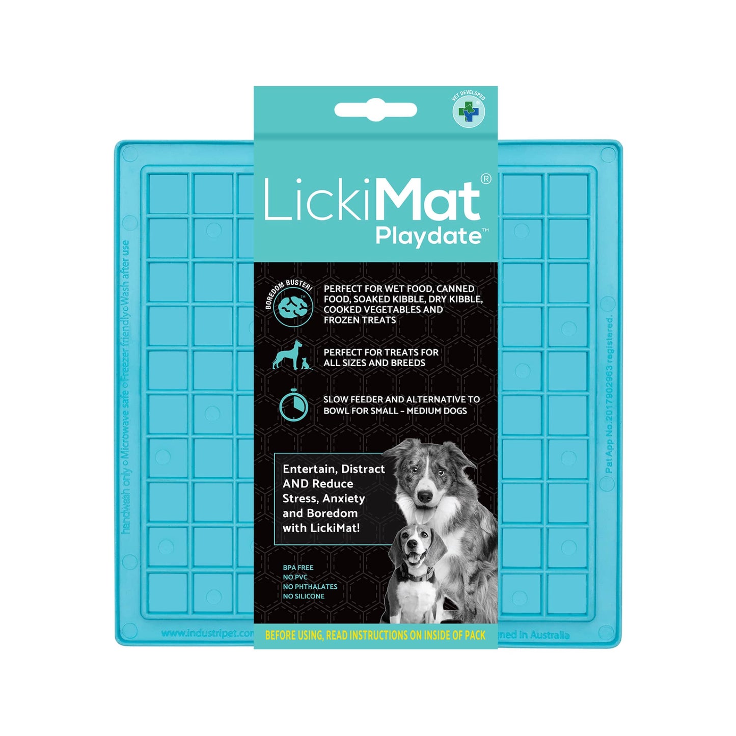 Turquoise LickiMat Classic Playdate™ – Original Slow Feeder Lick Mat for Dogs (label) on white background