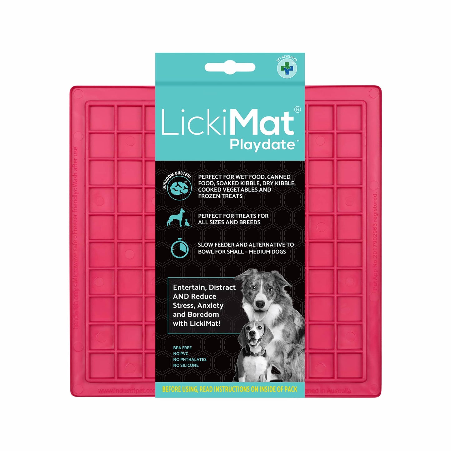 Pink LickiMat Classic Playdate™ – Original Slow Feeder Lick Mat for Dogs (label) on white background