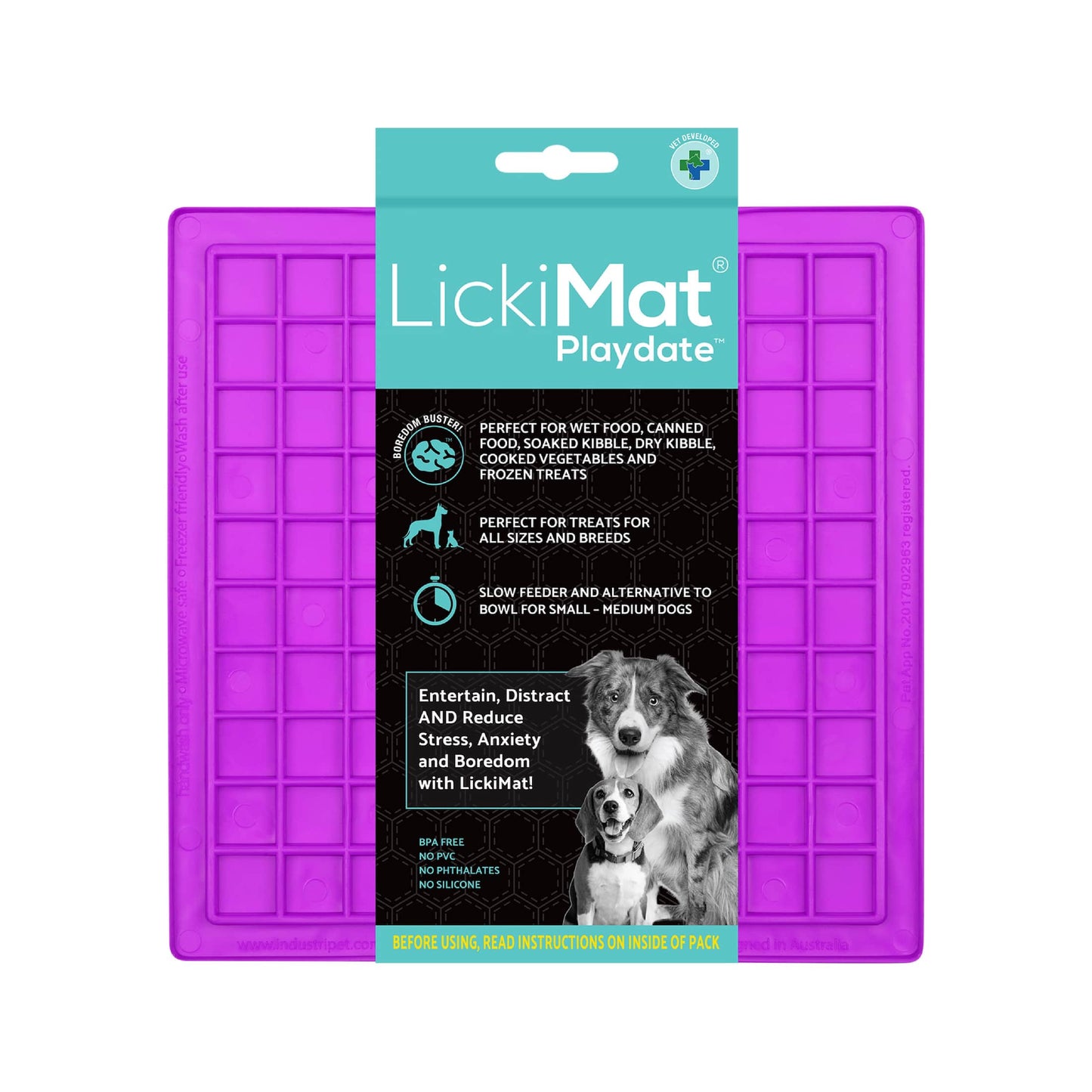 Purple LickiMat Classic Playdate™ – Original Slow Feeder Lick Mat for Dogs (label) on white background