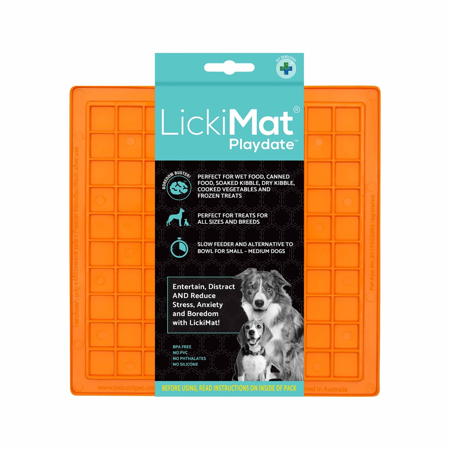 Orange LickiMat Classic Playdate™ – Original Slow Feeder Lick Mat for Dogs (label) on white background